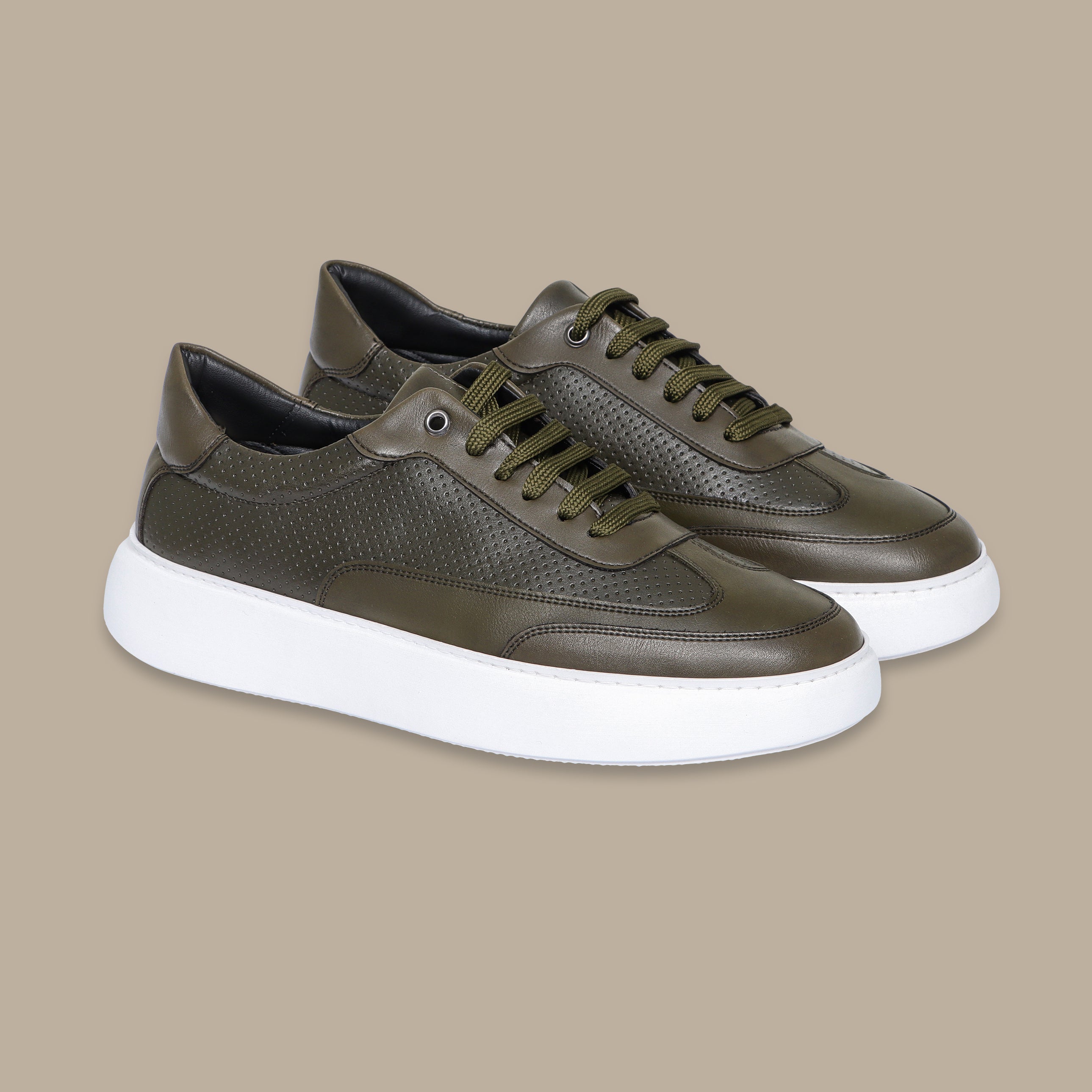 Khaki Dotted Leather Sneakers with White Sole