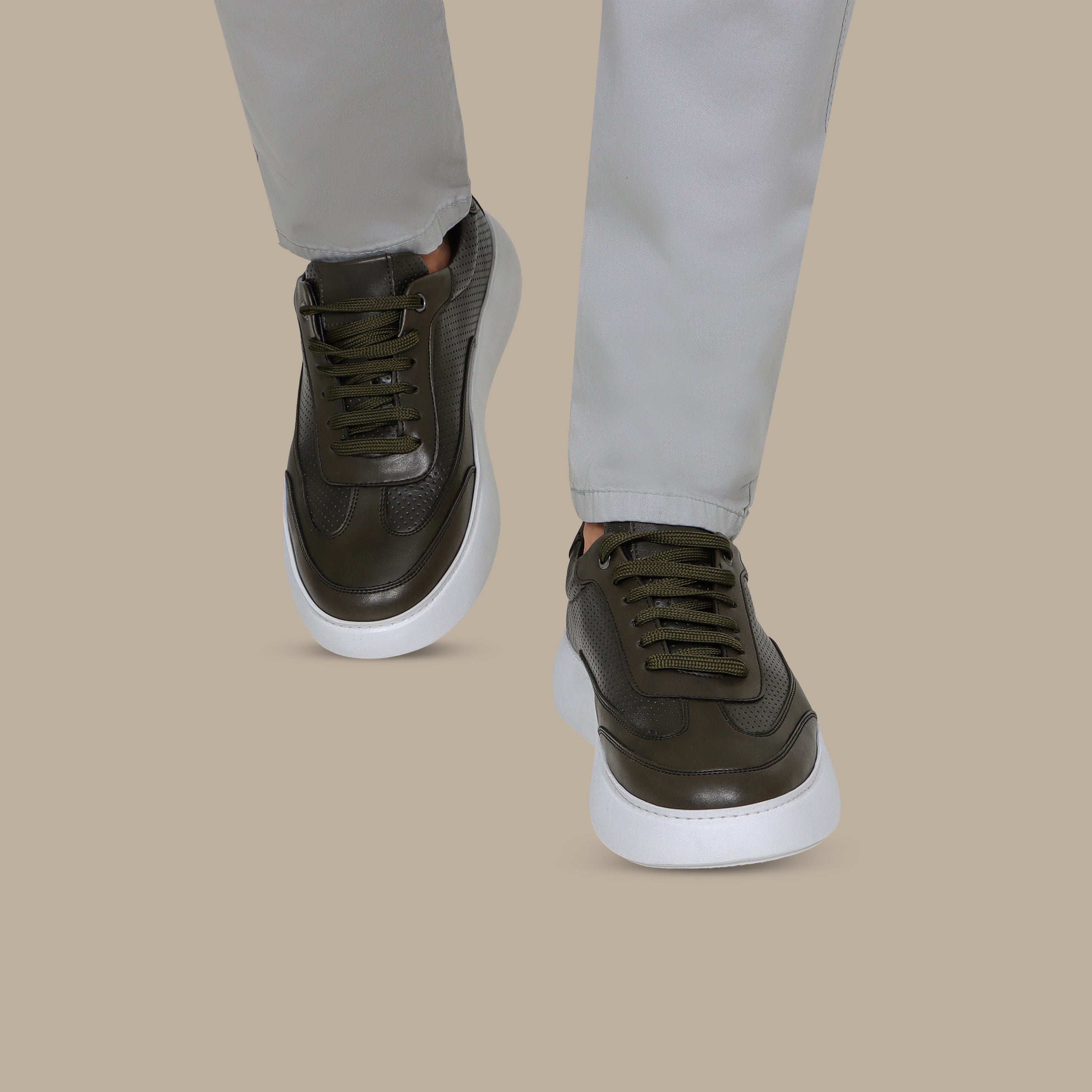 Khaki Dotted Leather Sneakers with White Sole