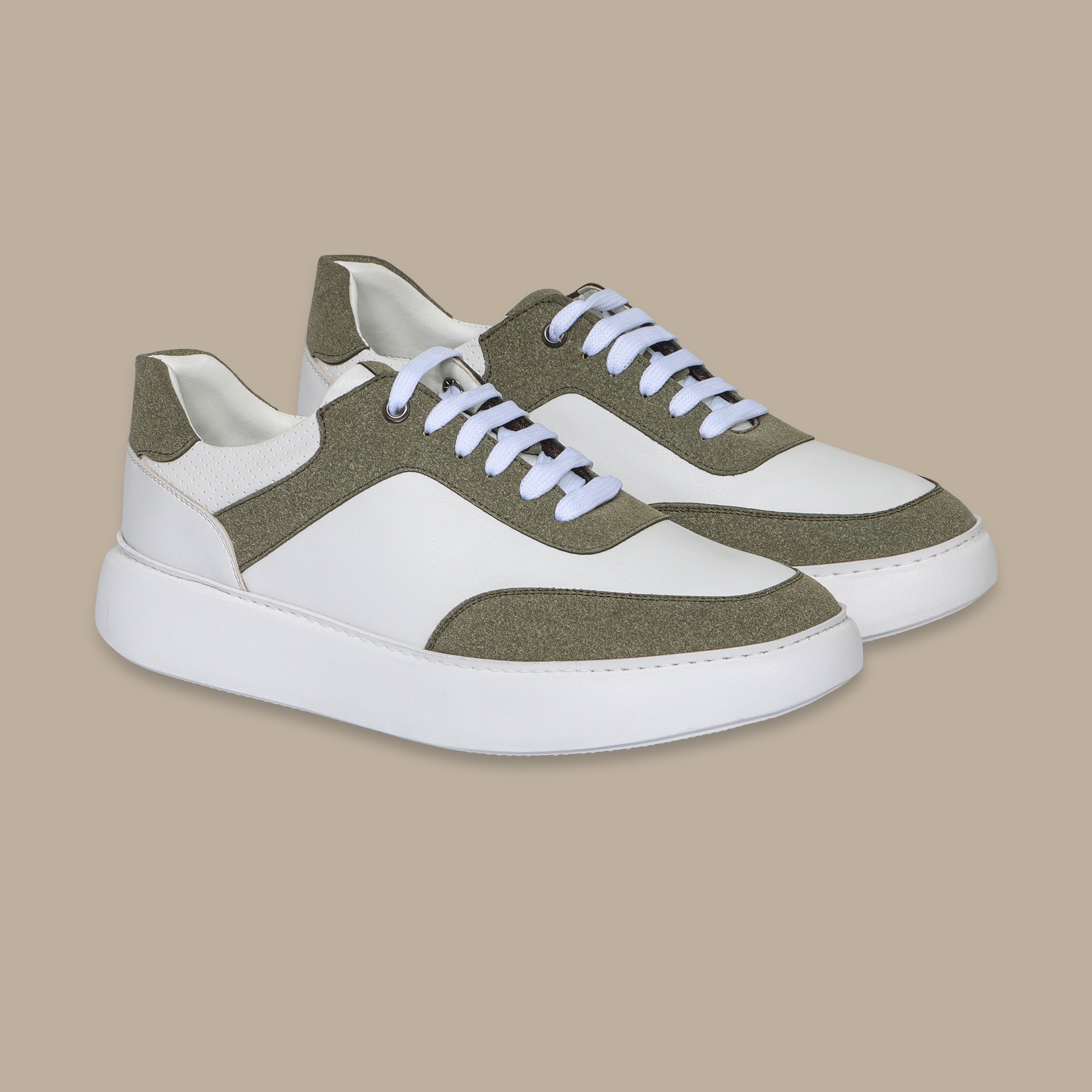 Retro Leather Trainers in Khaki & White