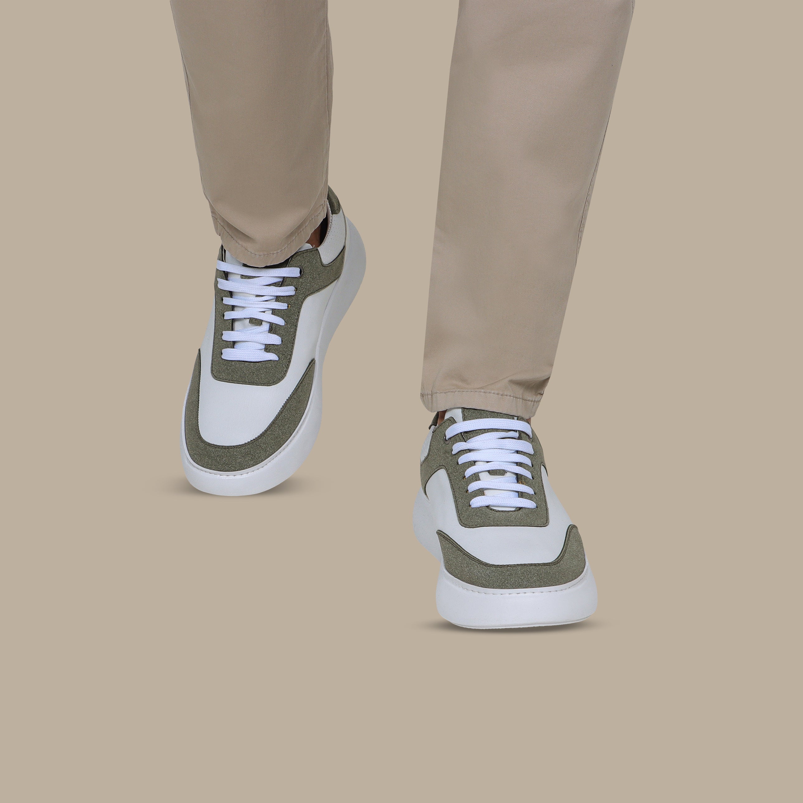 Retro Leather Trainers in Khaki & White