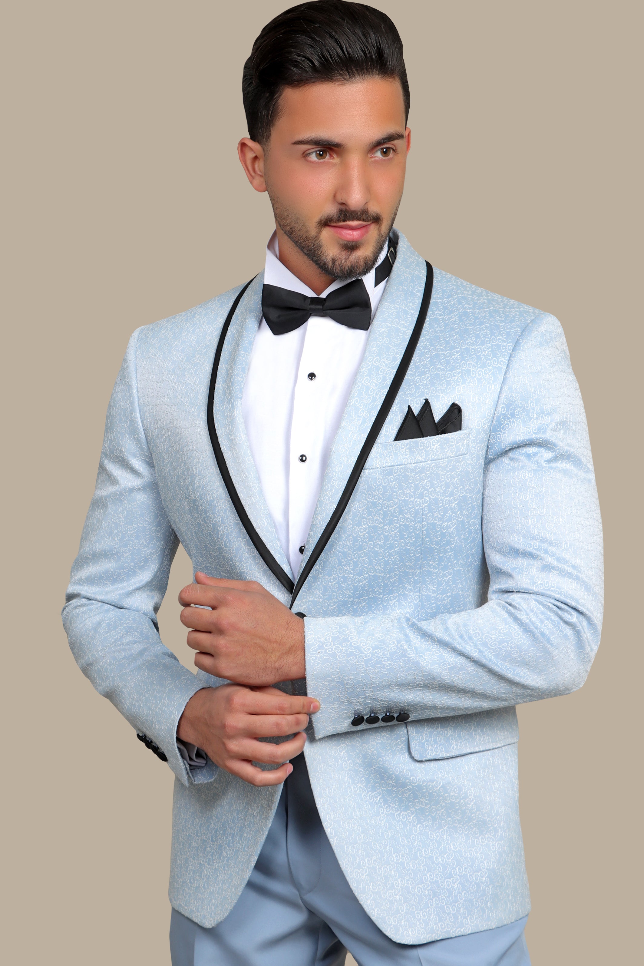 A Model Wearing FV Special Collection Jacquard Piping Suit