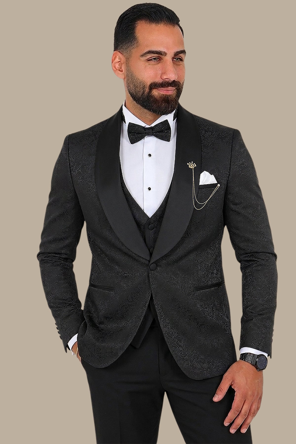 Floral Noir: FV Special Collection Tuxedo Suit in Black