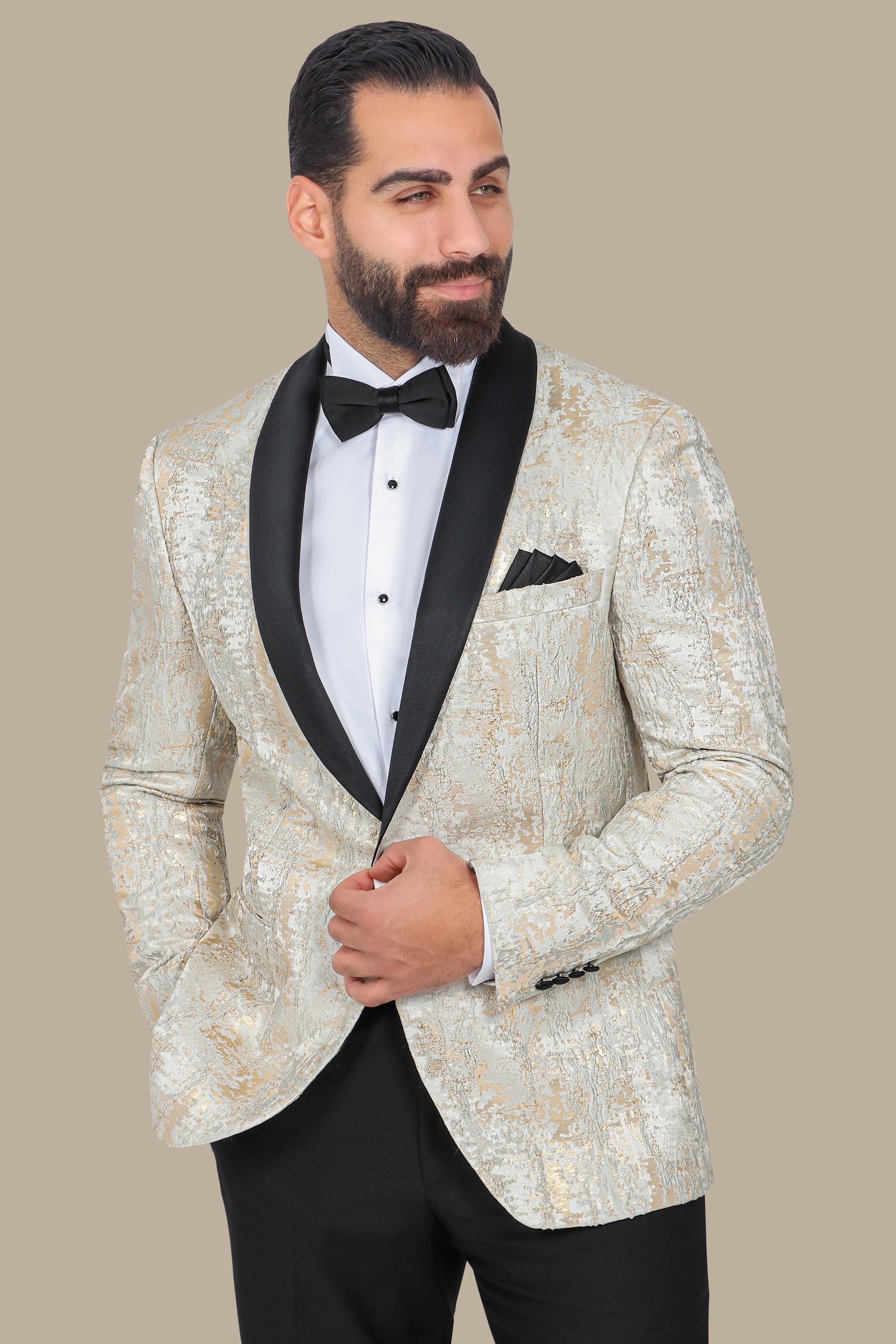 Beige Tuxedo with Glitter Jacquard Details