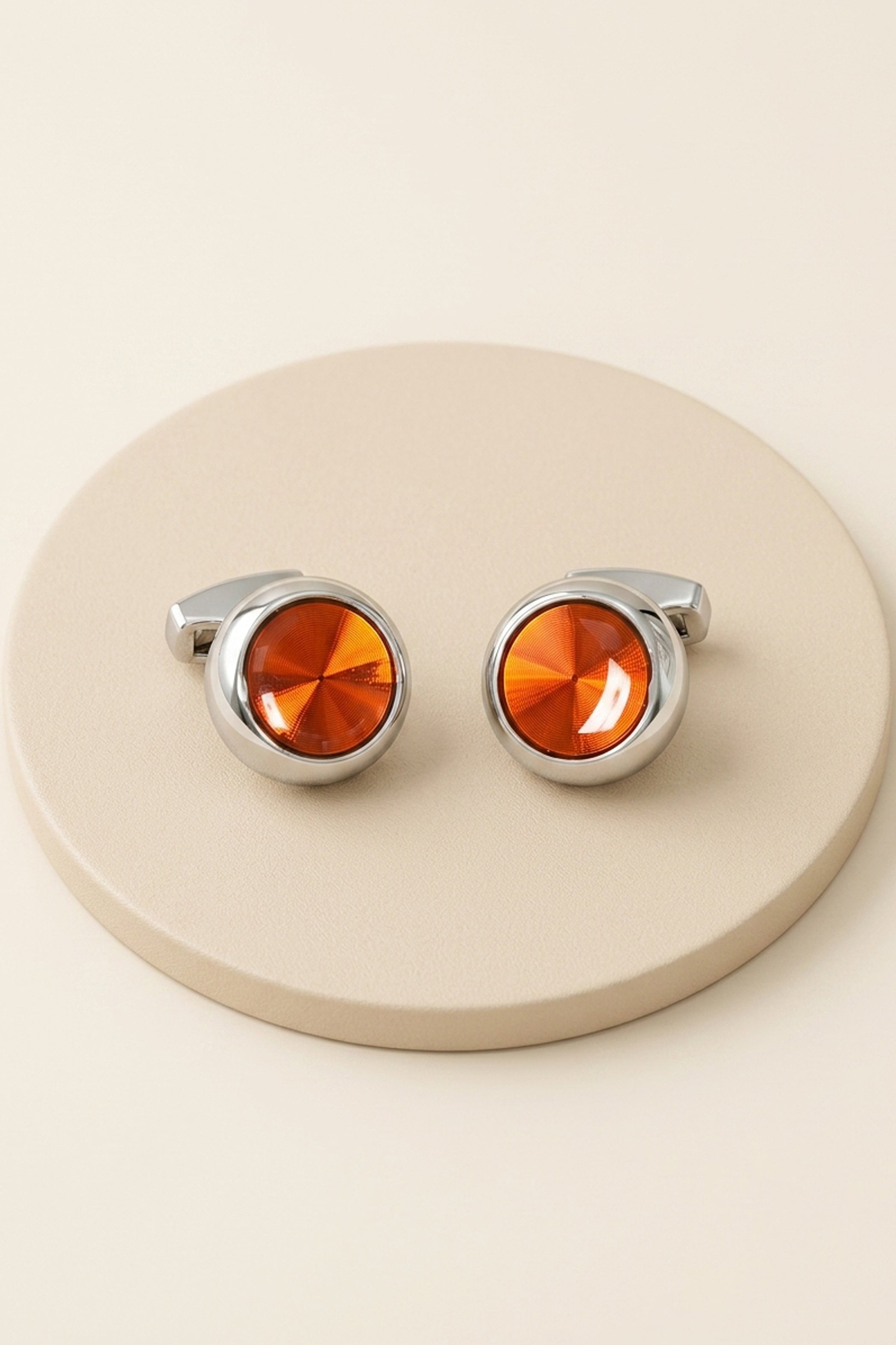 Silver Round Cufflinks with Havana Stone