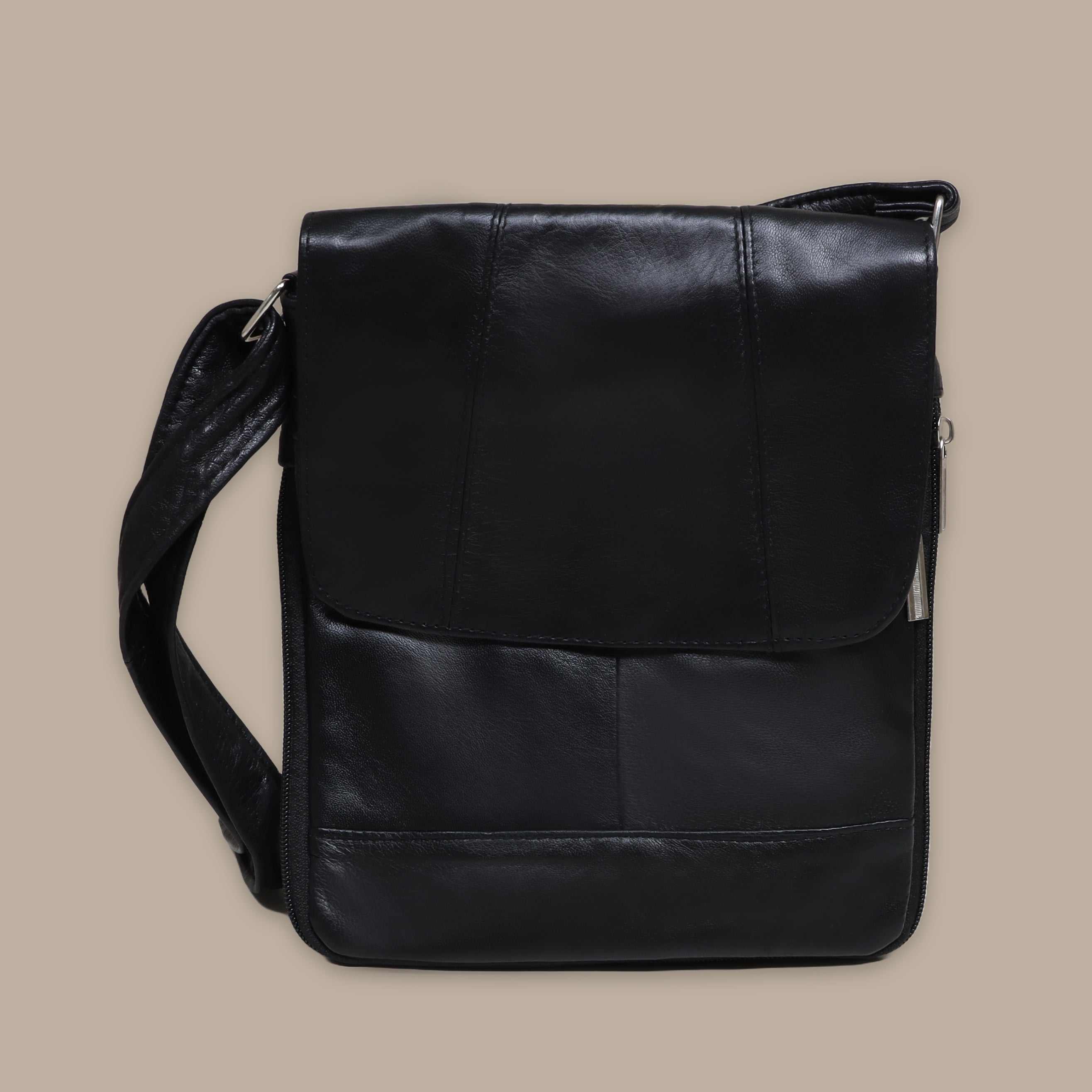 Noir Stitched Elegance: Black Leather Crossbody with Flap Pockets