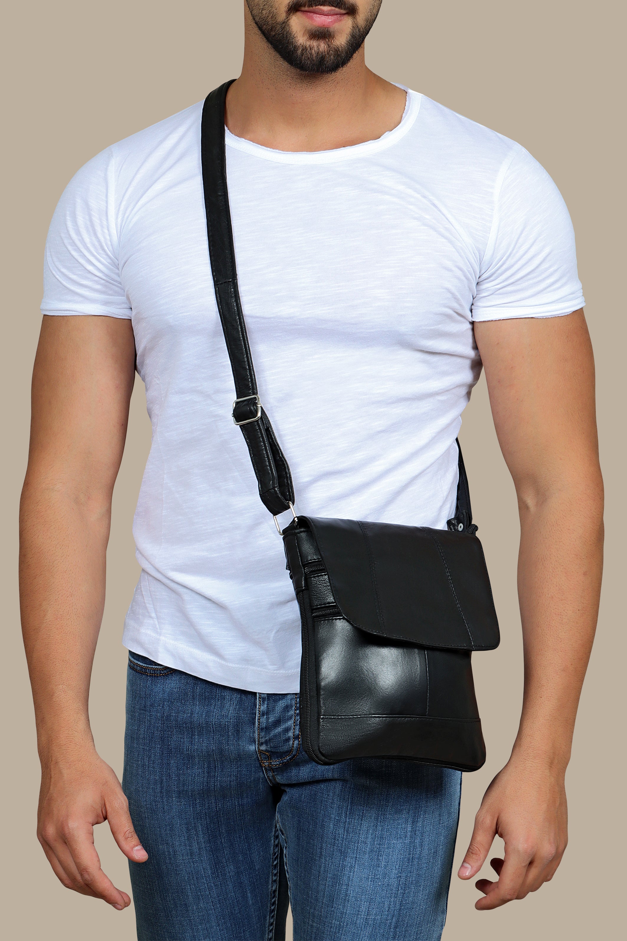 Noir Stitched Elegance: Black Leather Crossbody with Flap Pockets