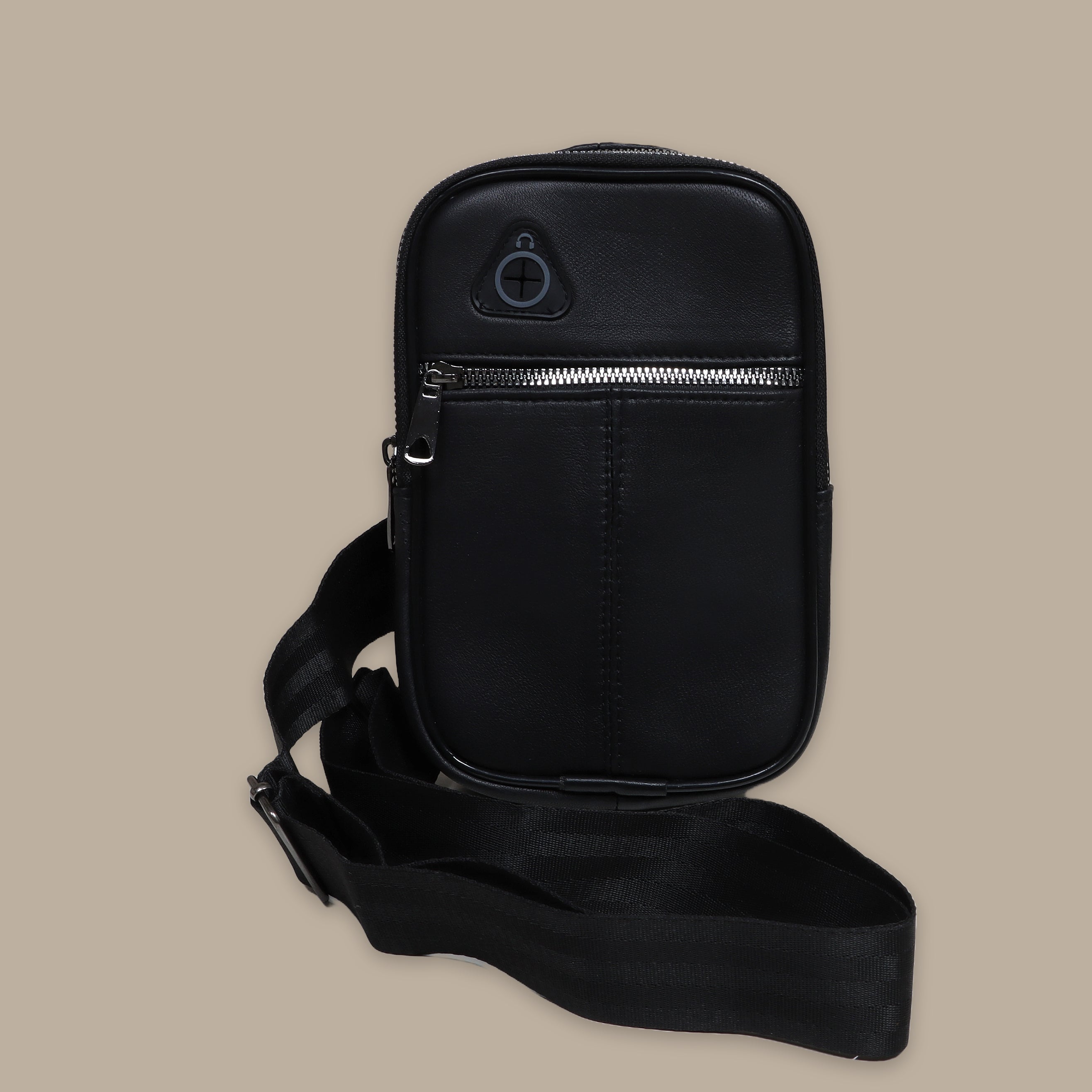 Noir Harmony: Black Leather Crossbody with Earphone Access
