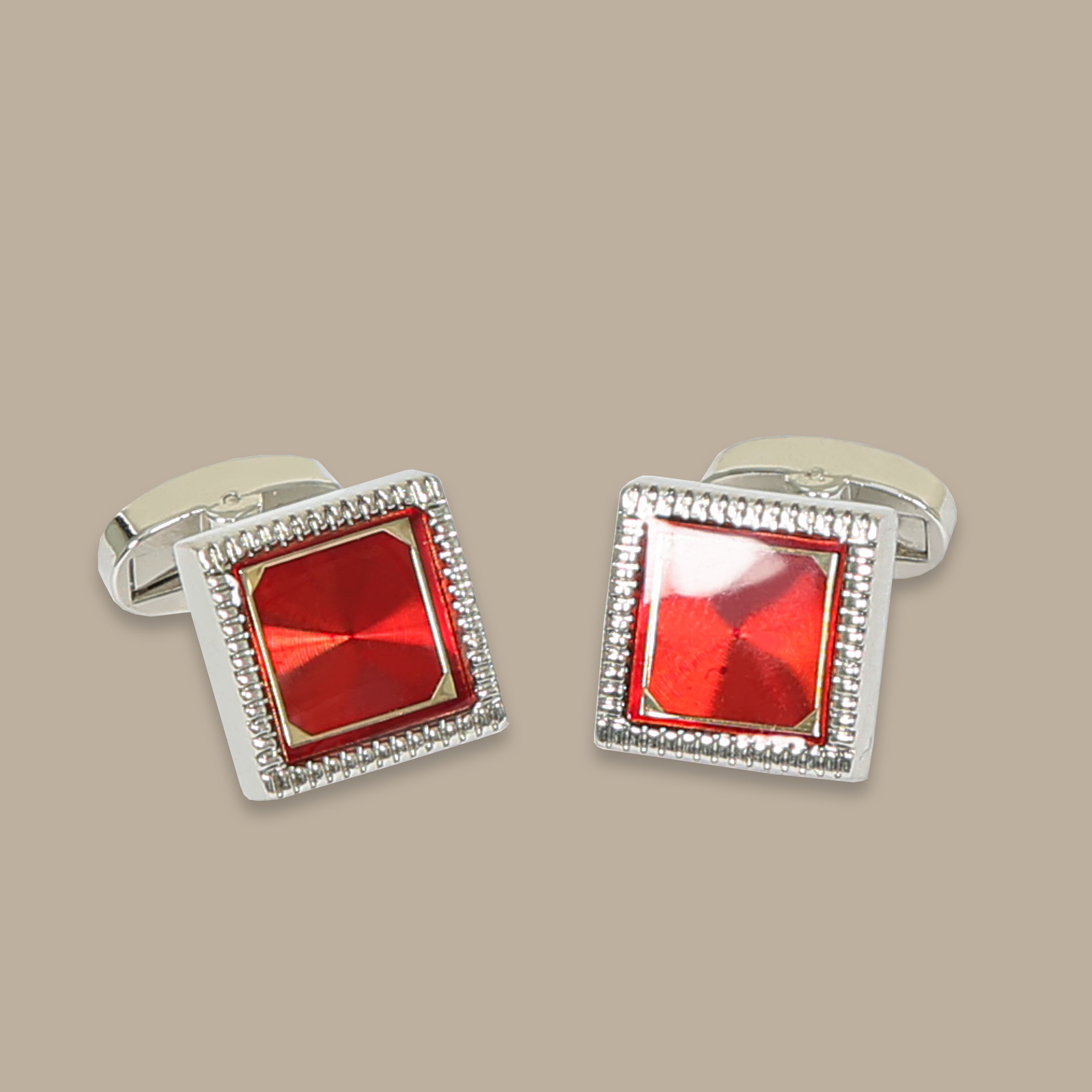 Silver Square Cufflinks with Red Accent