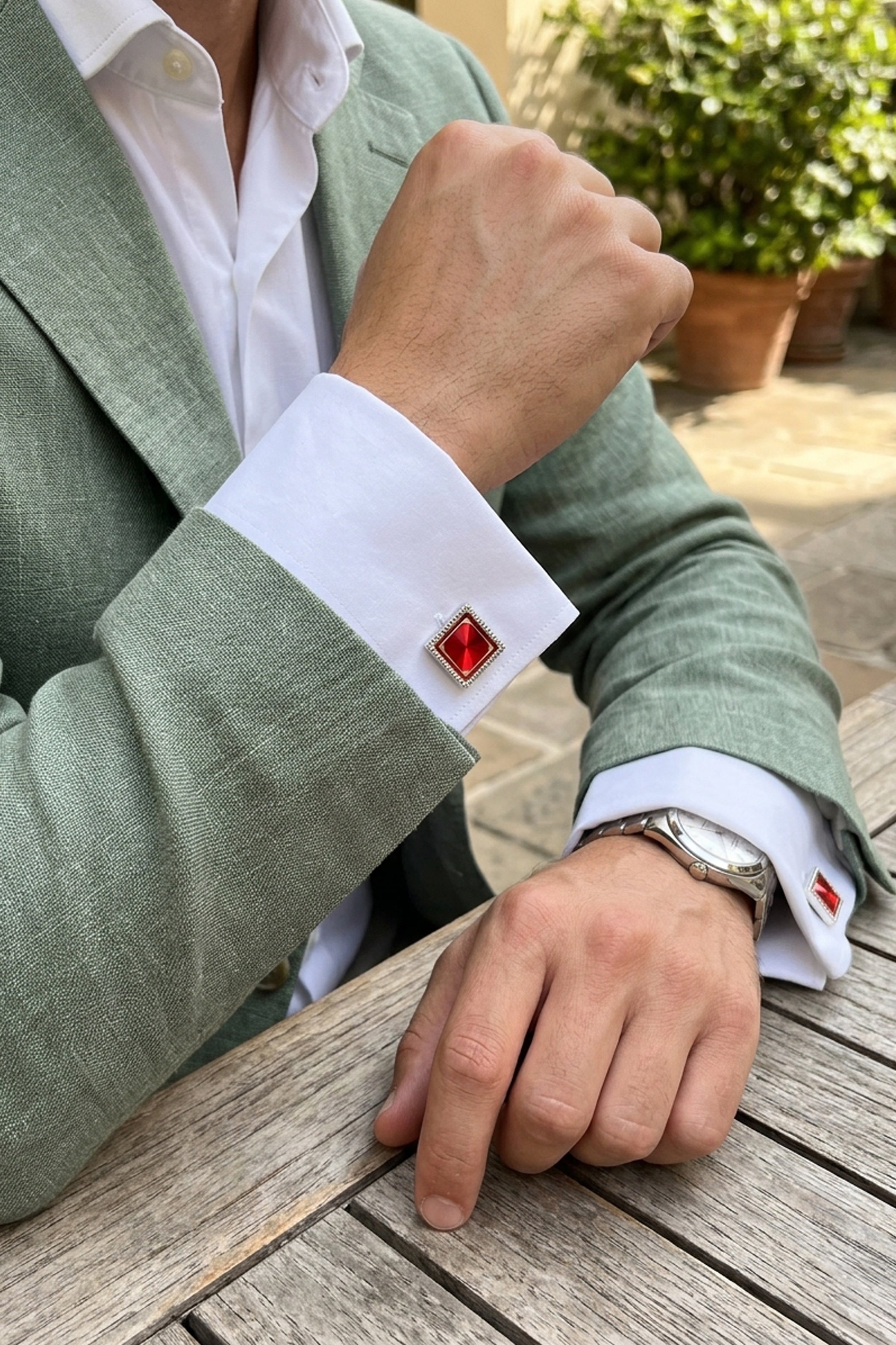 Silver Square Cufflinks with Red Accent