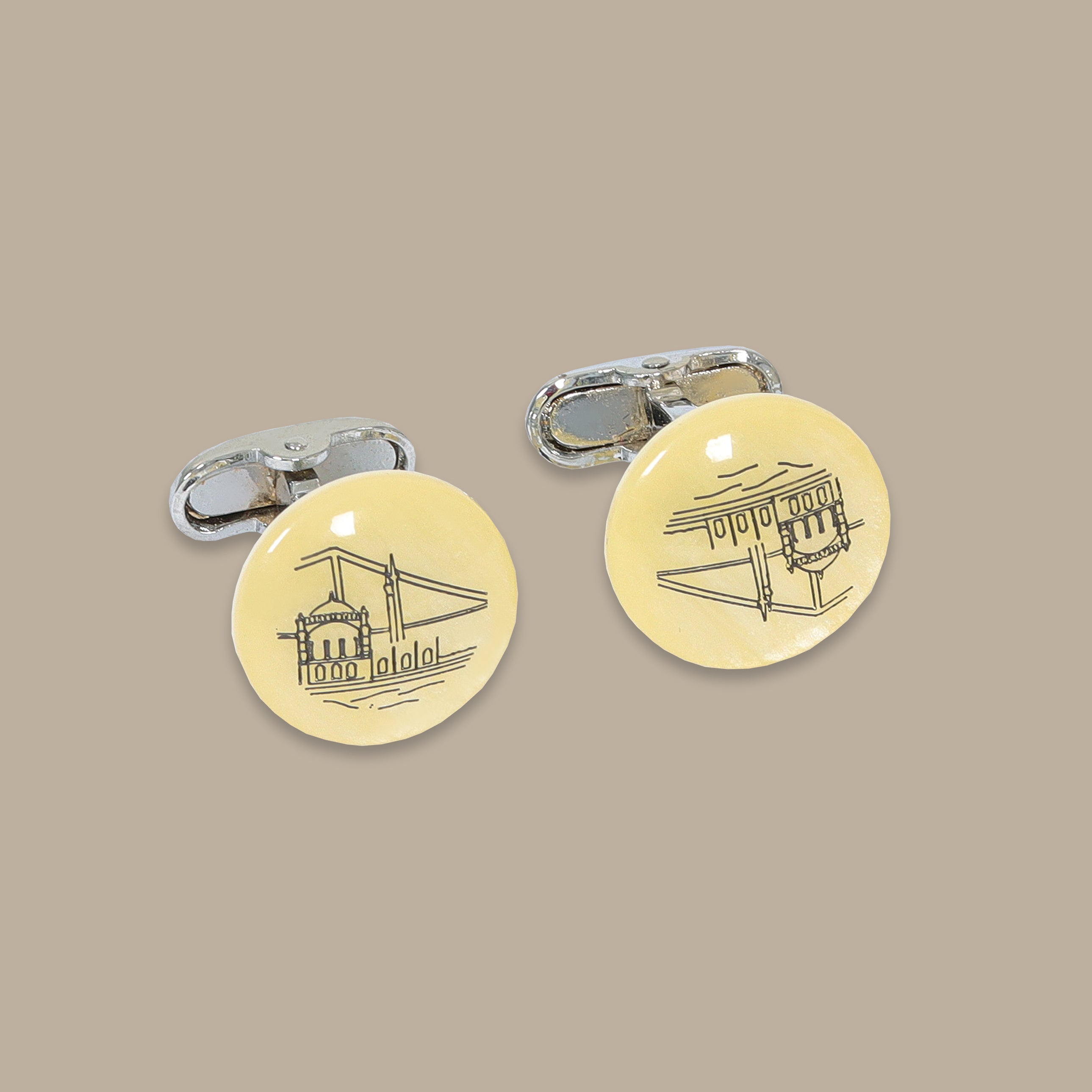Beige Print Silver Cufflinks