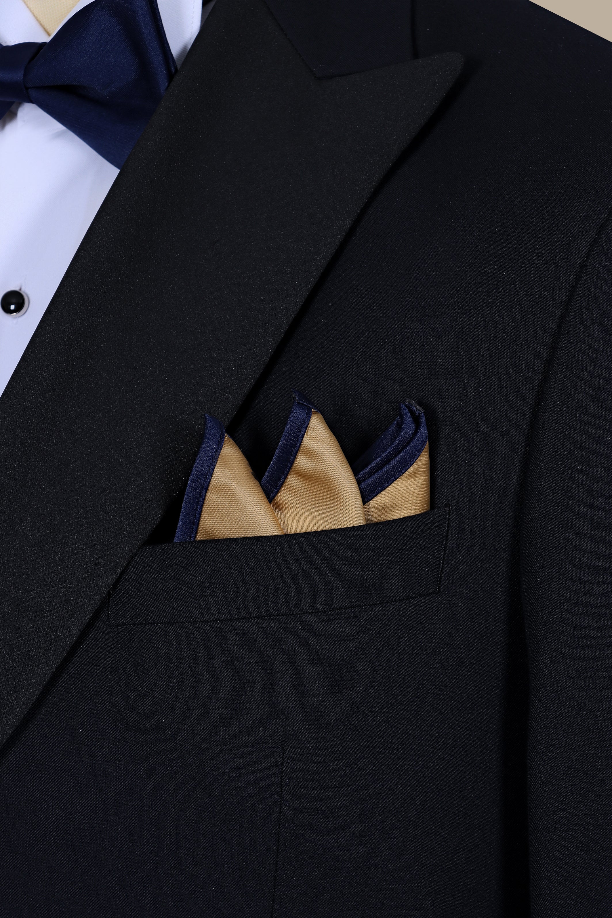 Gold & Navy Satin Pocket Square with Piping