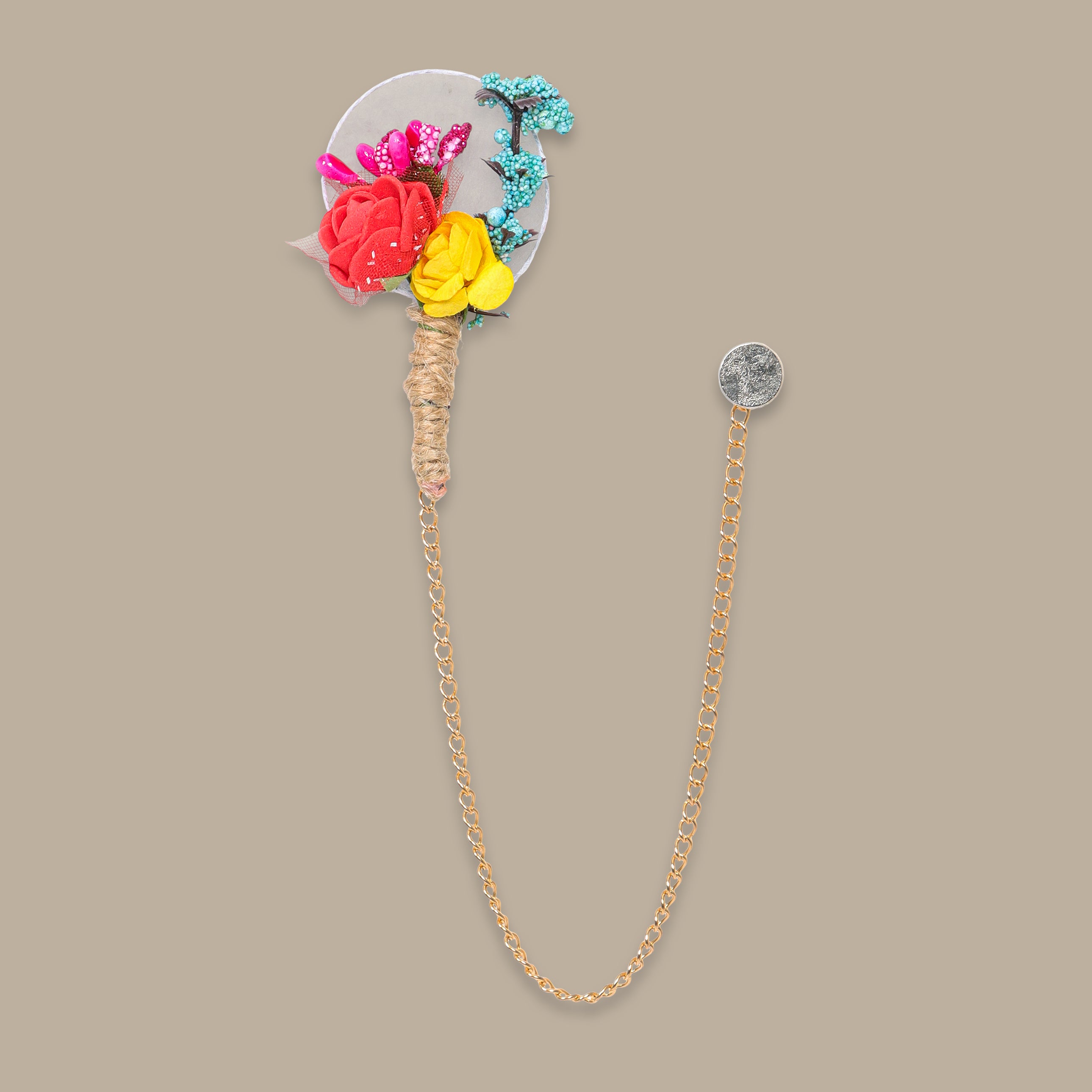 Yellow Chain Pin with Orange Flowers