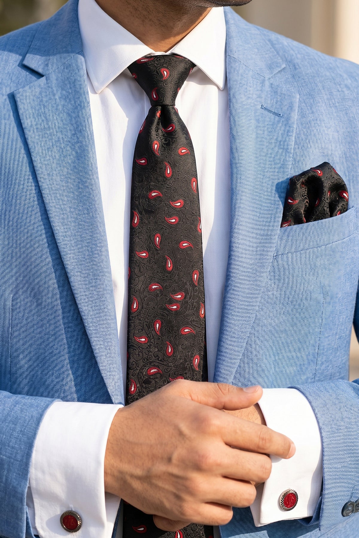 Black Tie Set with Red Cashmere Print - 3 Pieces