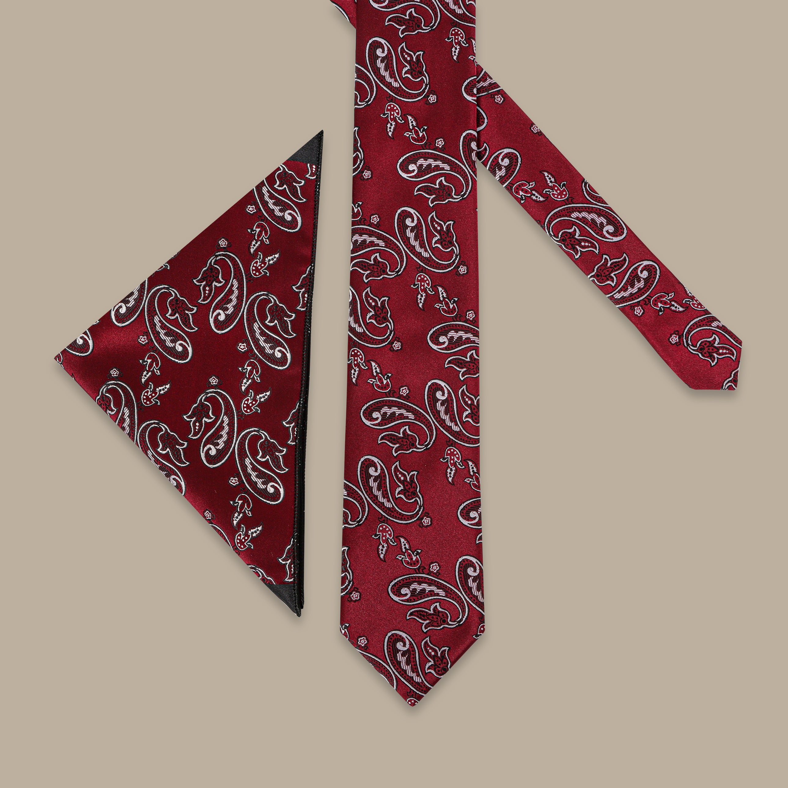 2-Piece Black Cashmere Print Tie Set - Burgundy