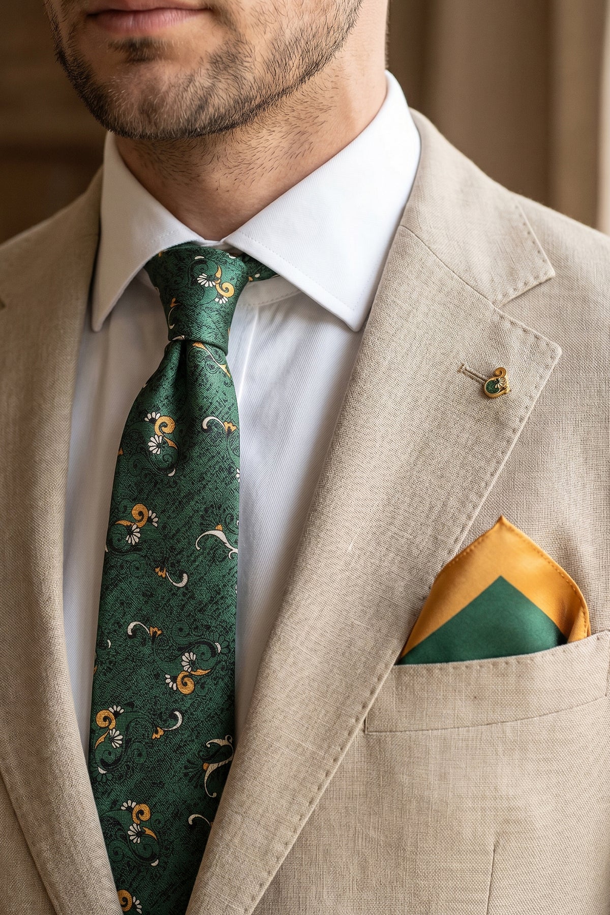 Green Tie Set with Brocard Cashmere Print
