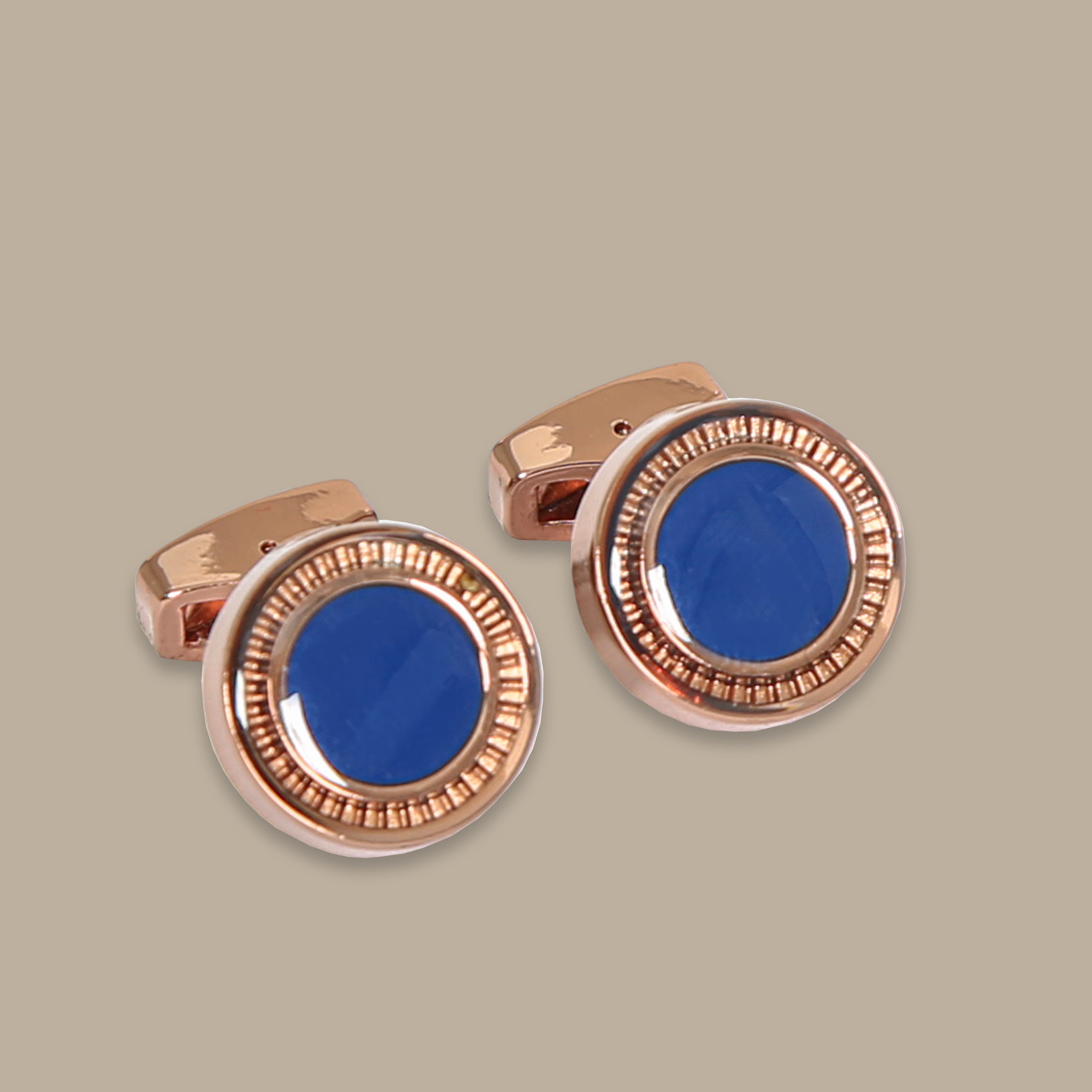 Rose Gold Round Cufflinks with Blue Stone