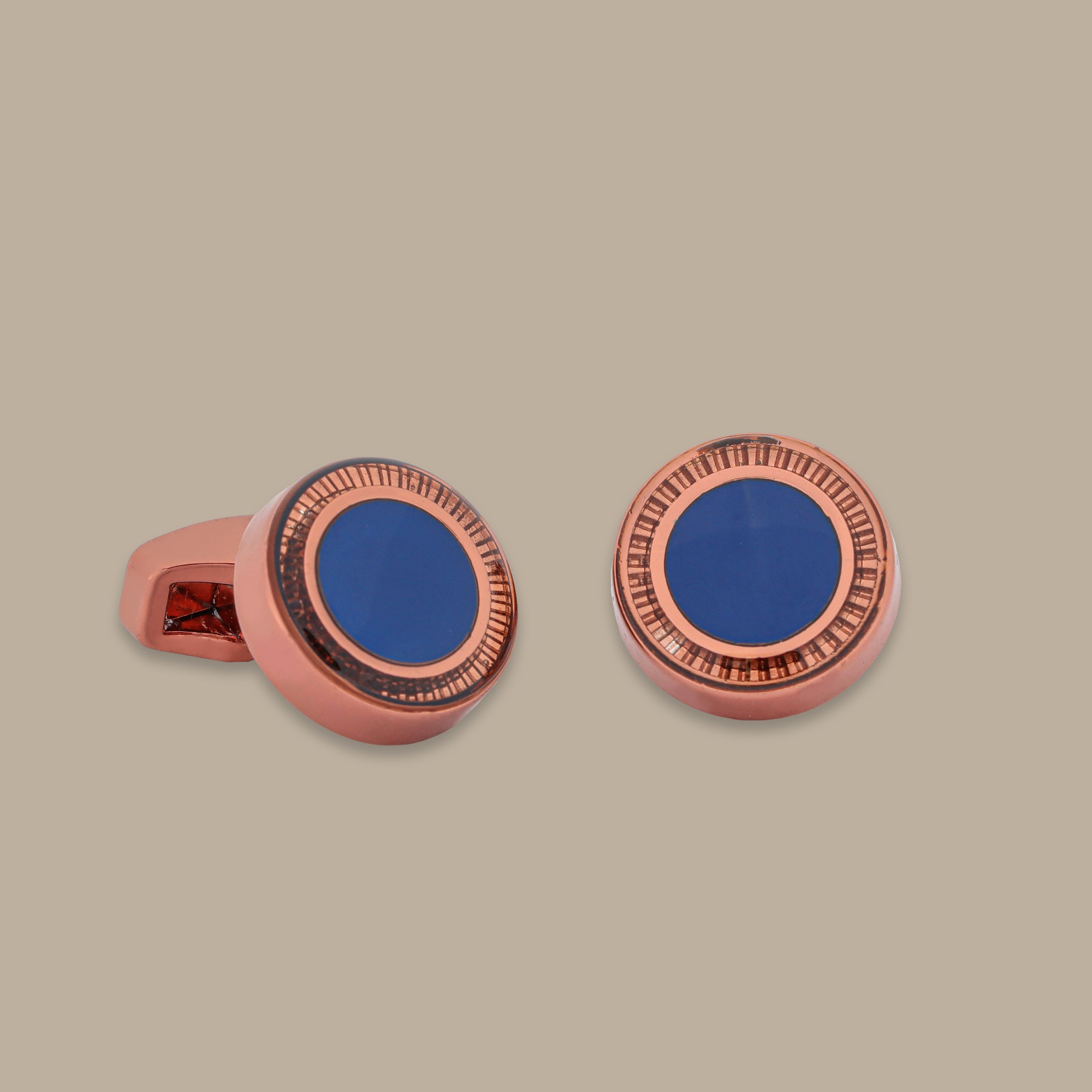 Rose Gold Round Cufflinks with Blue Stone