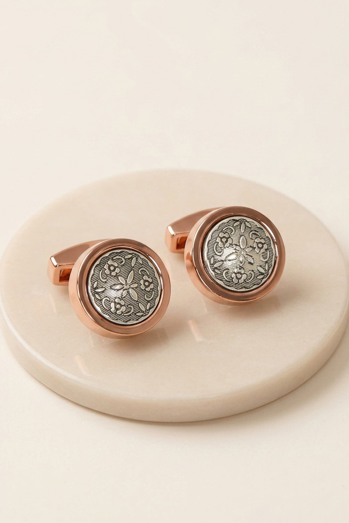 Silver Leaf Round Cufflinks in Rose Gold
