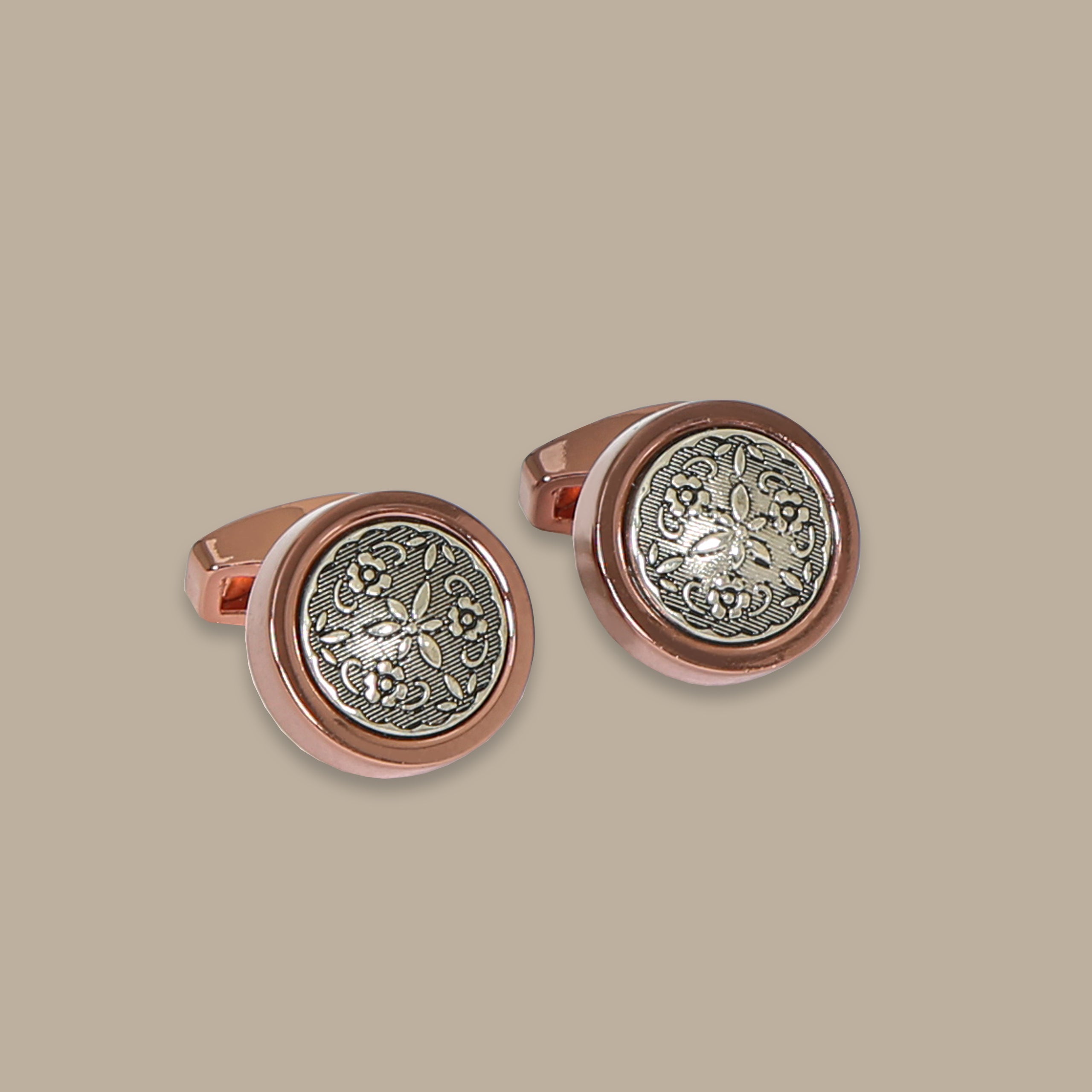 Silver Leaf Round Cufflinks in Rose Gold