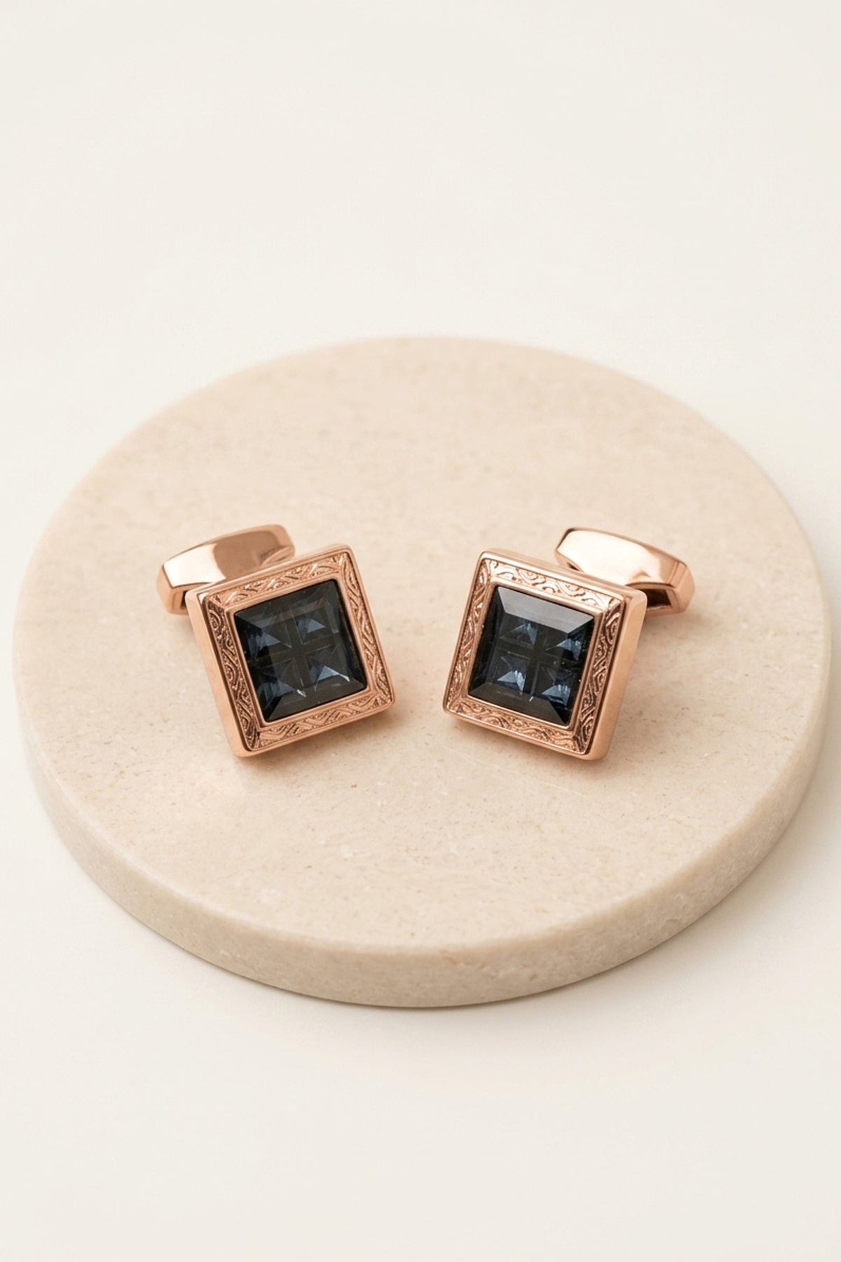 Rose Gold Square Cufflinks with Navy Stone