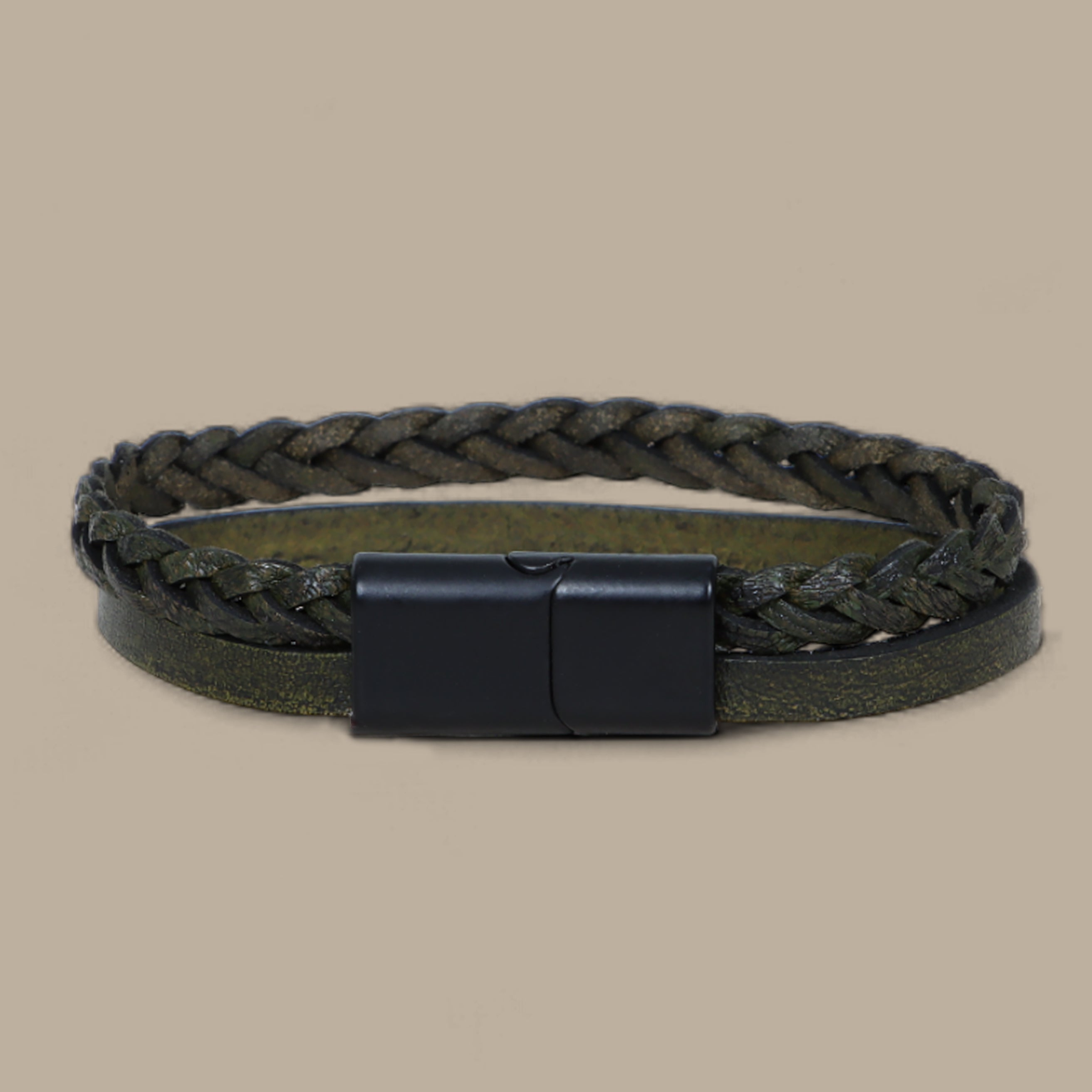 Khaki Three-Layer Leather Bracelet