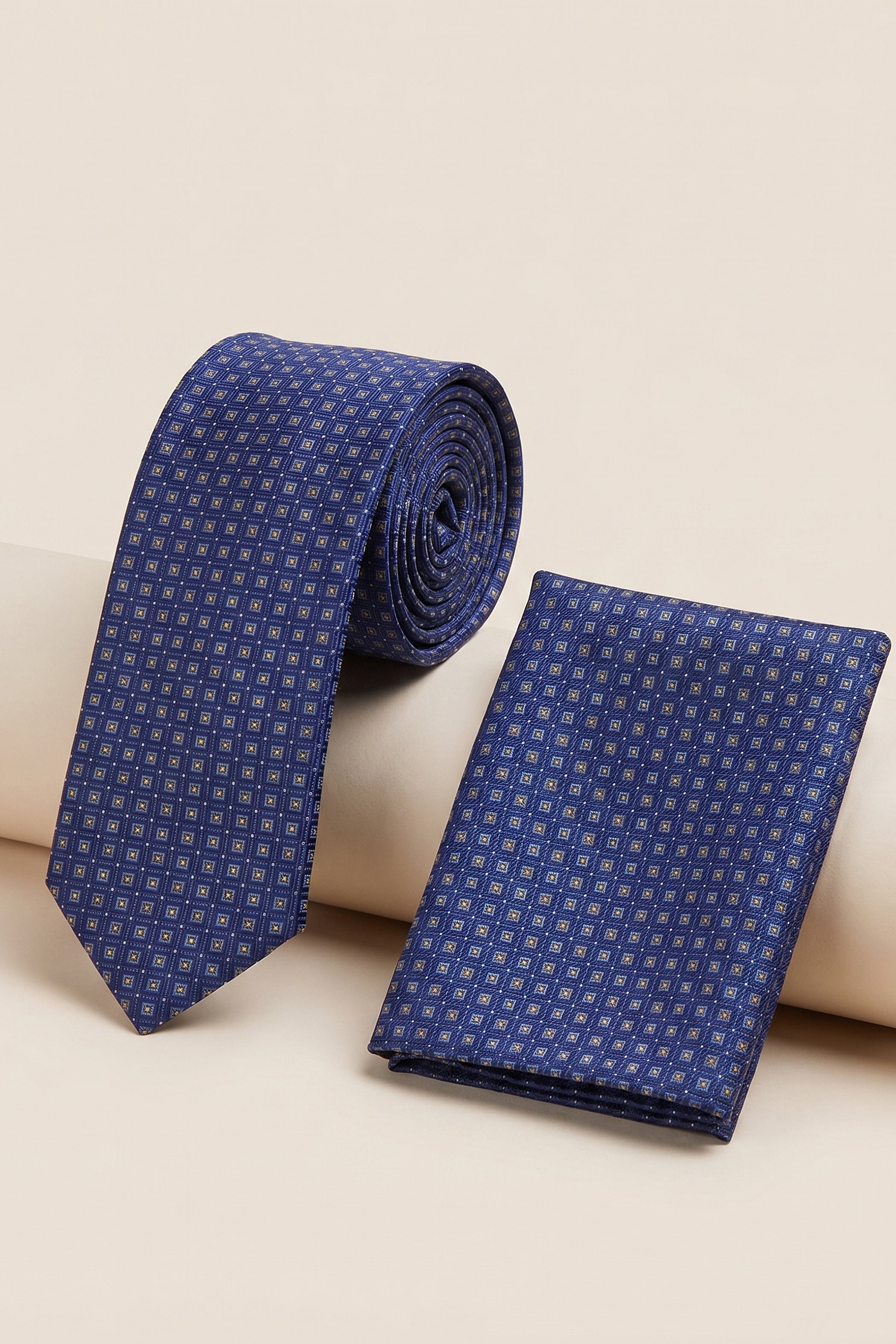 2pcs Slim Tie Navy with Gold Square Pattern