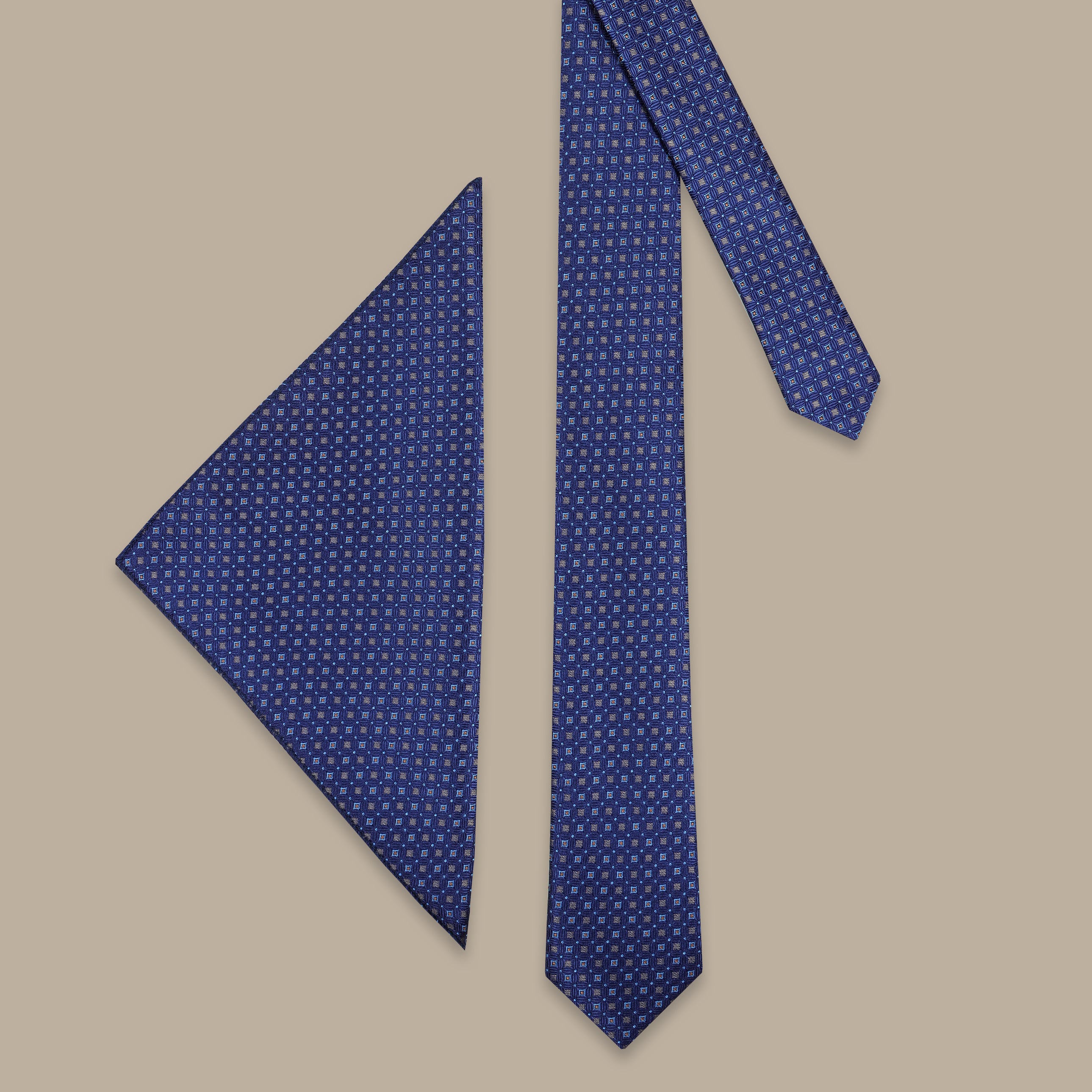 2pcs Slim Tie Navy with Gold Square Pattern