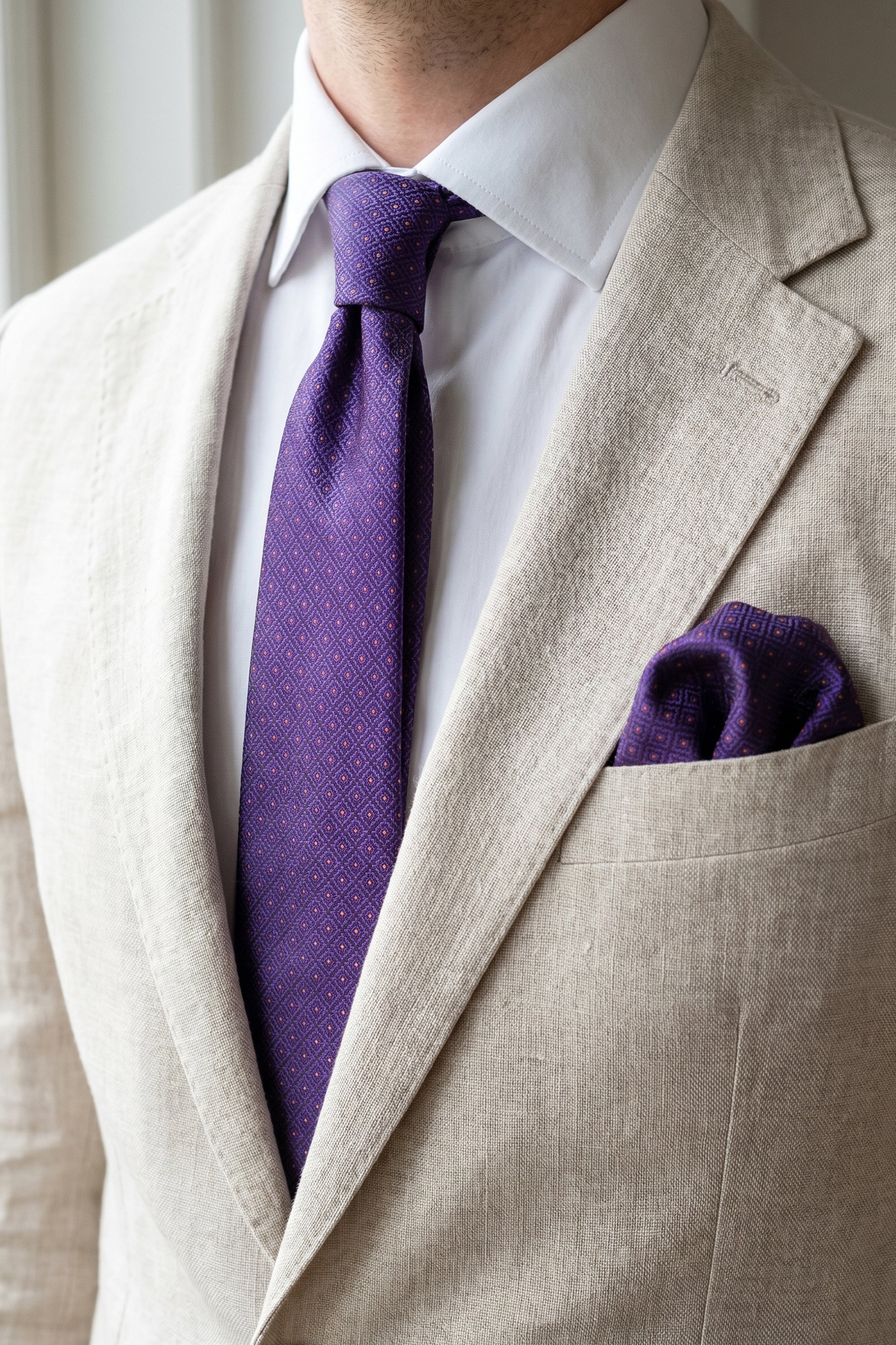Violet Slim Tie with Diamond Pattern – 2-Piece Set