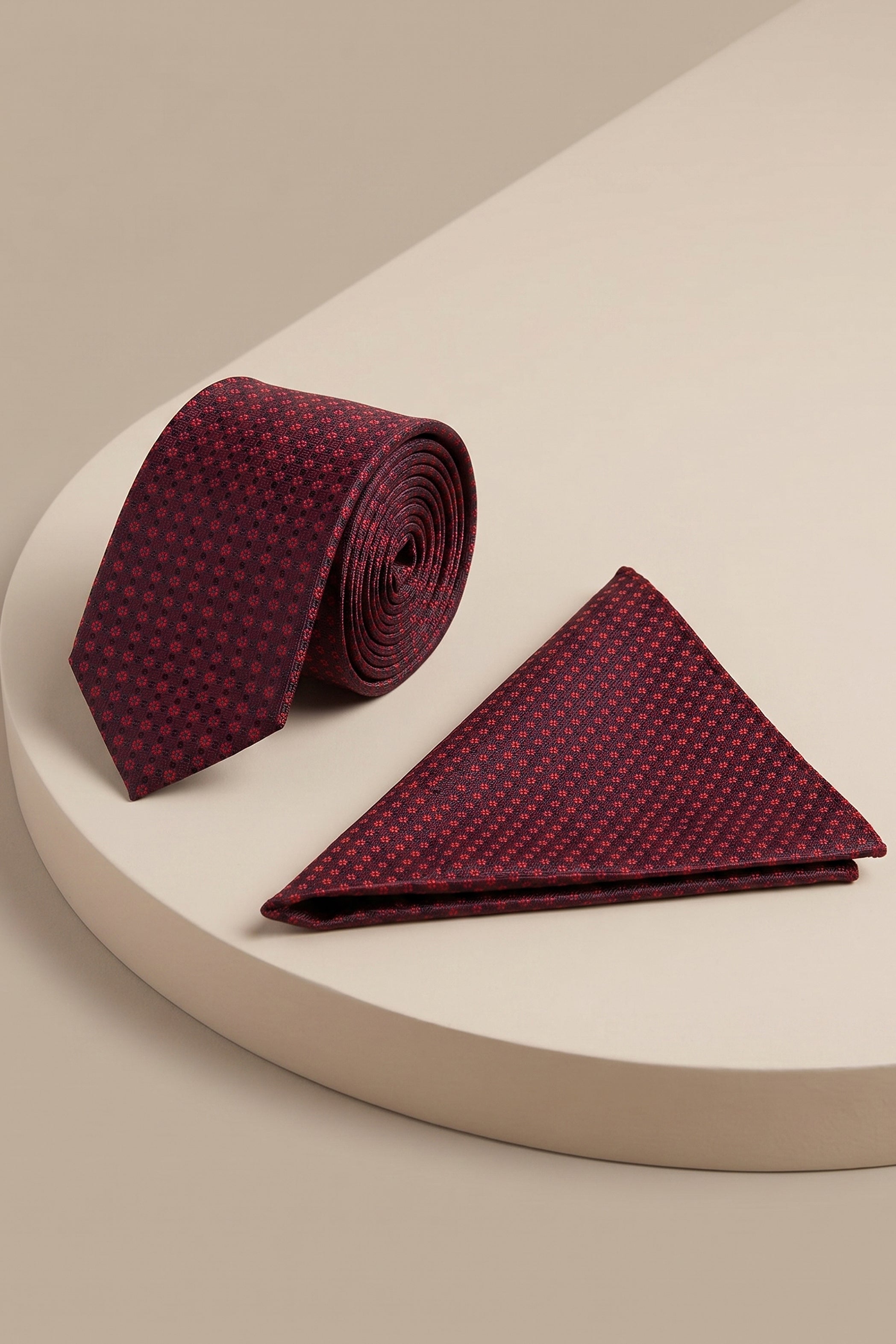 Burgundy Slim Tie with Red Small Flower Pattern – 2-Piece Set