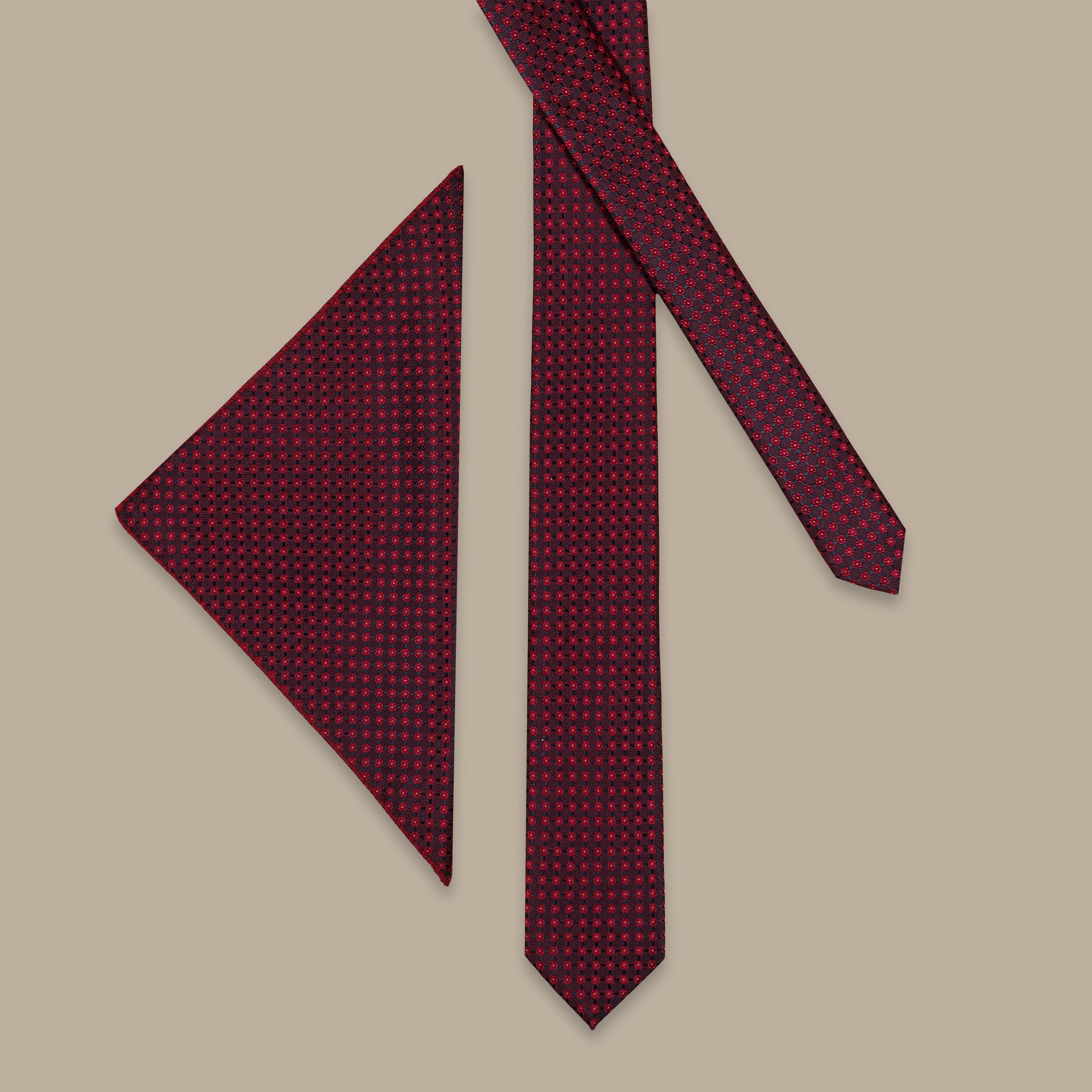 Burgundy Slim Tie with Red Small Flower Pattern – 2-Piece Set