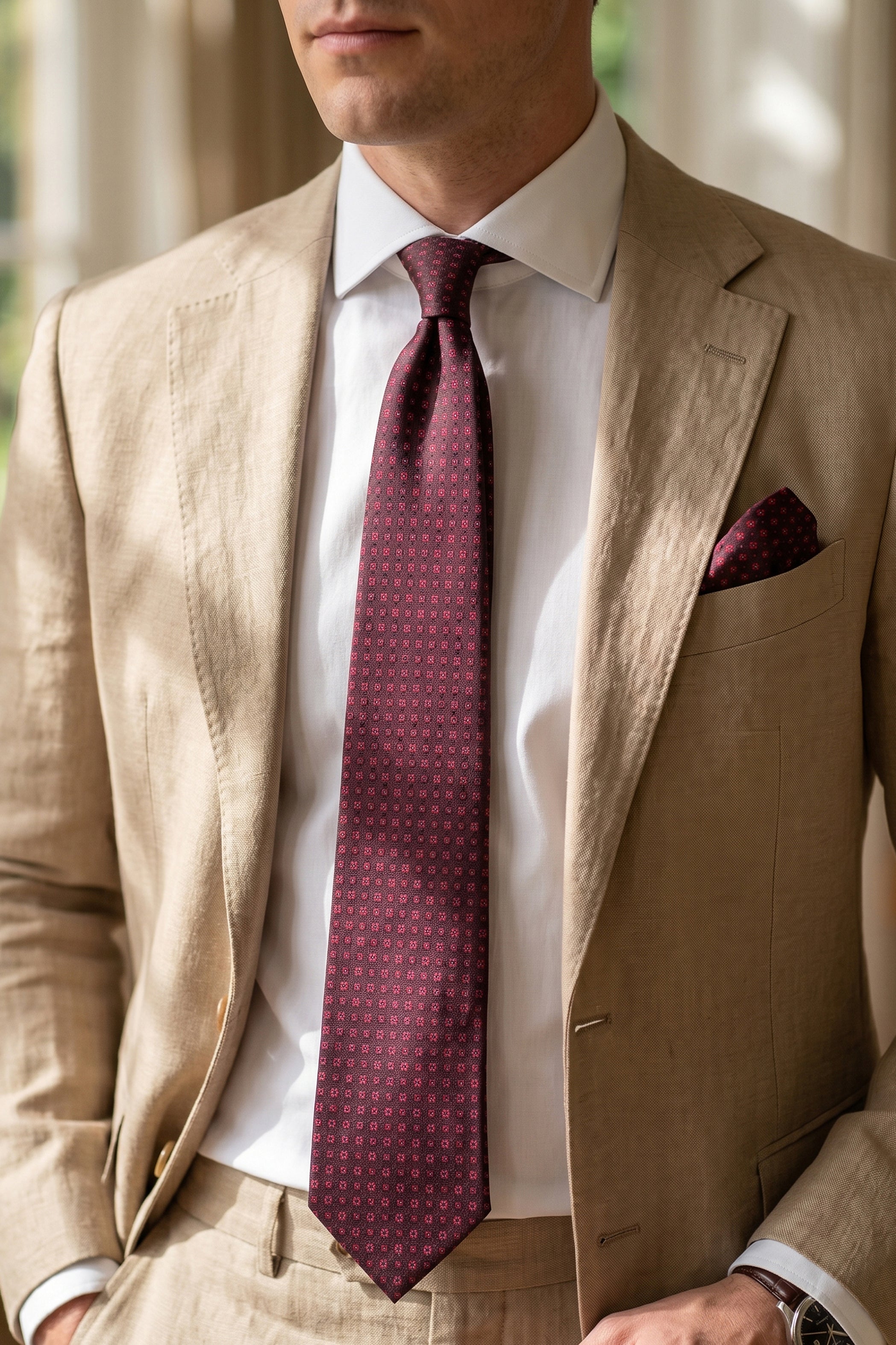 Burgundy Slim Tie with Red Small Flower Pattern – 2-Piece Set