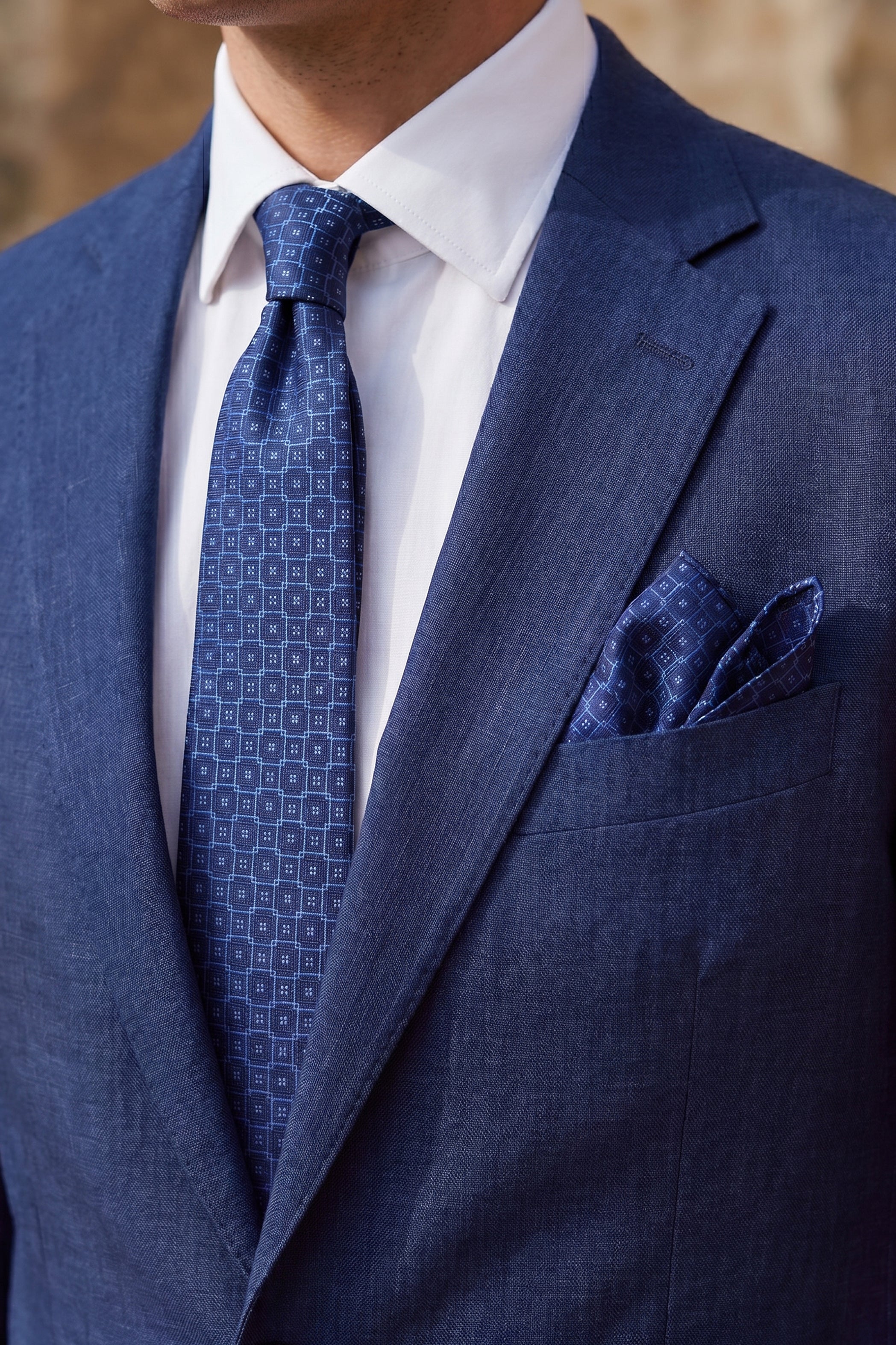 Navy Slim Tie with Light Blue Intersecting Squares – 2-Piece Set