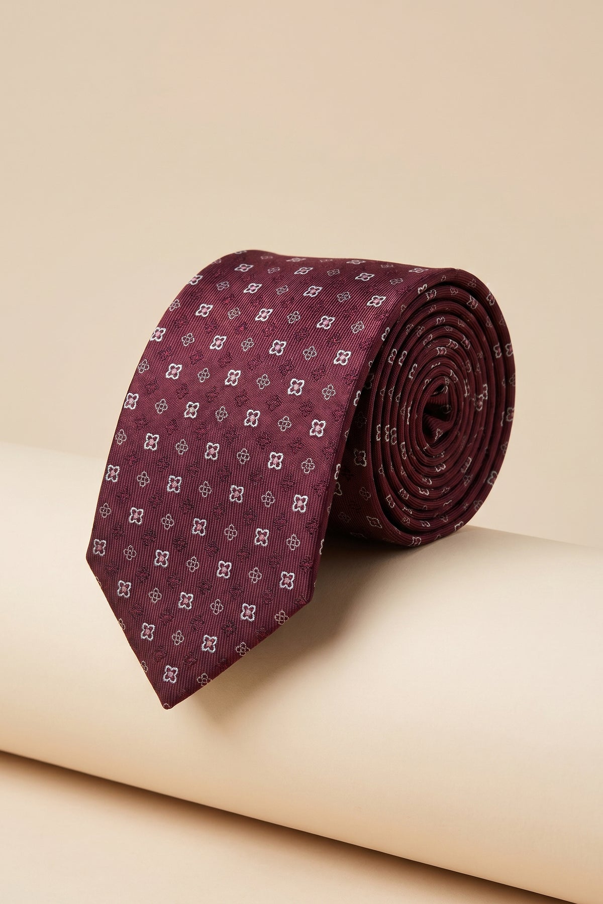 Printed Flower Pattern Burgundy Tie