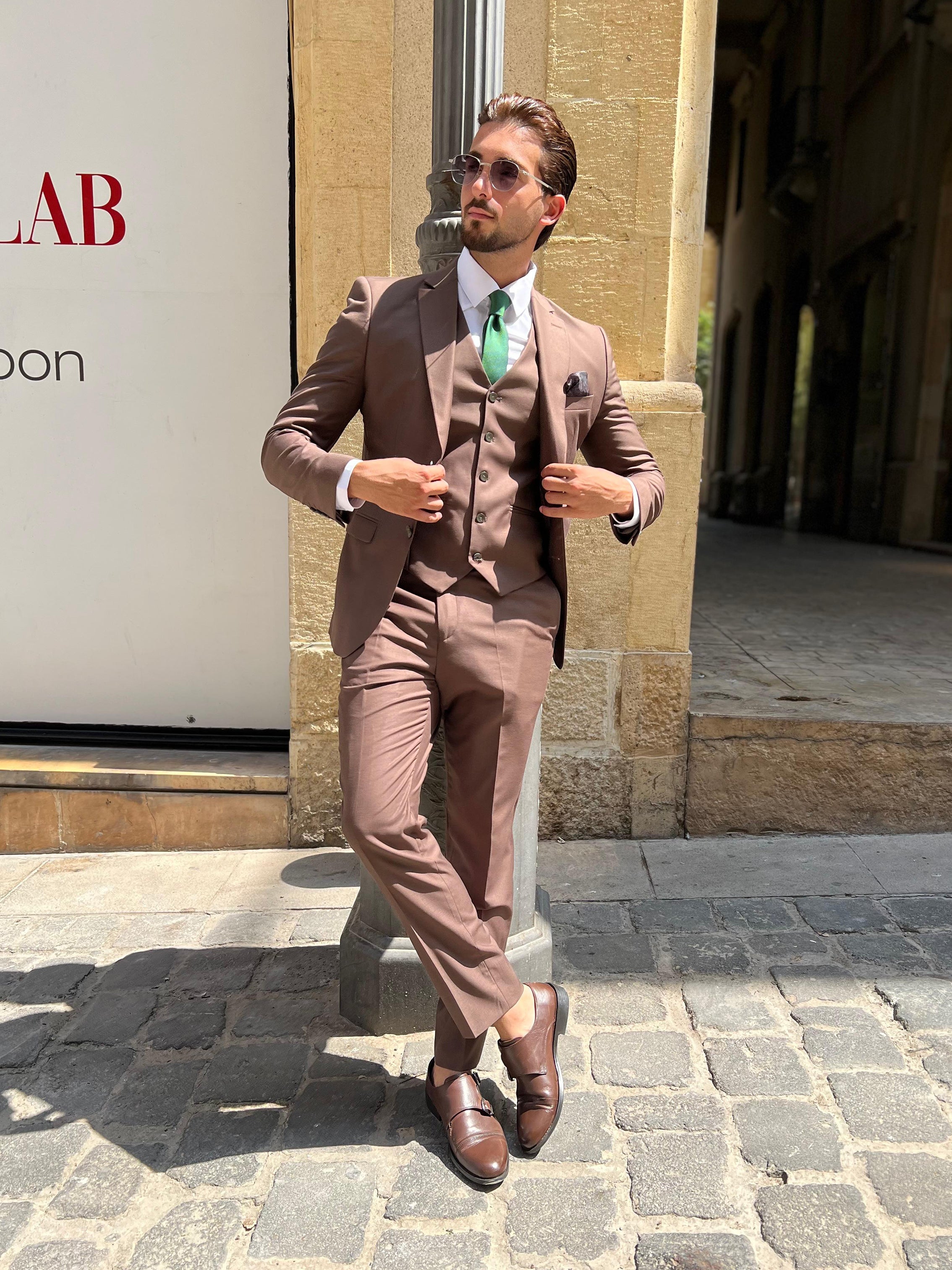 Brown Polyviscose 3-Piece Suit with Notch Lapel