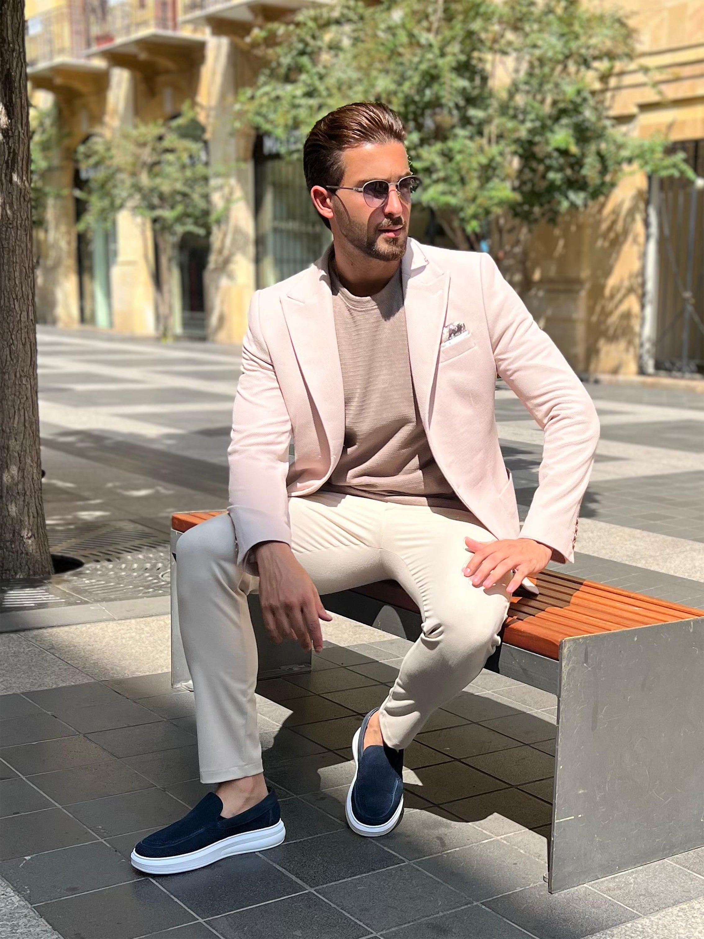 Classic Chic: Beige Structured Peak Lapel Blazer
