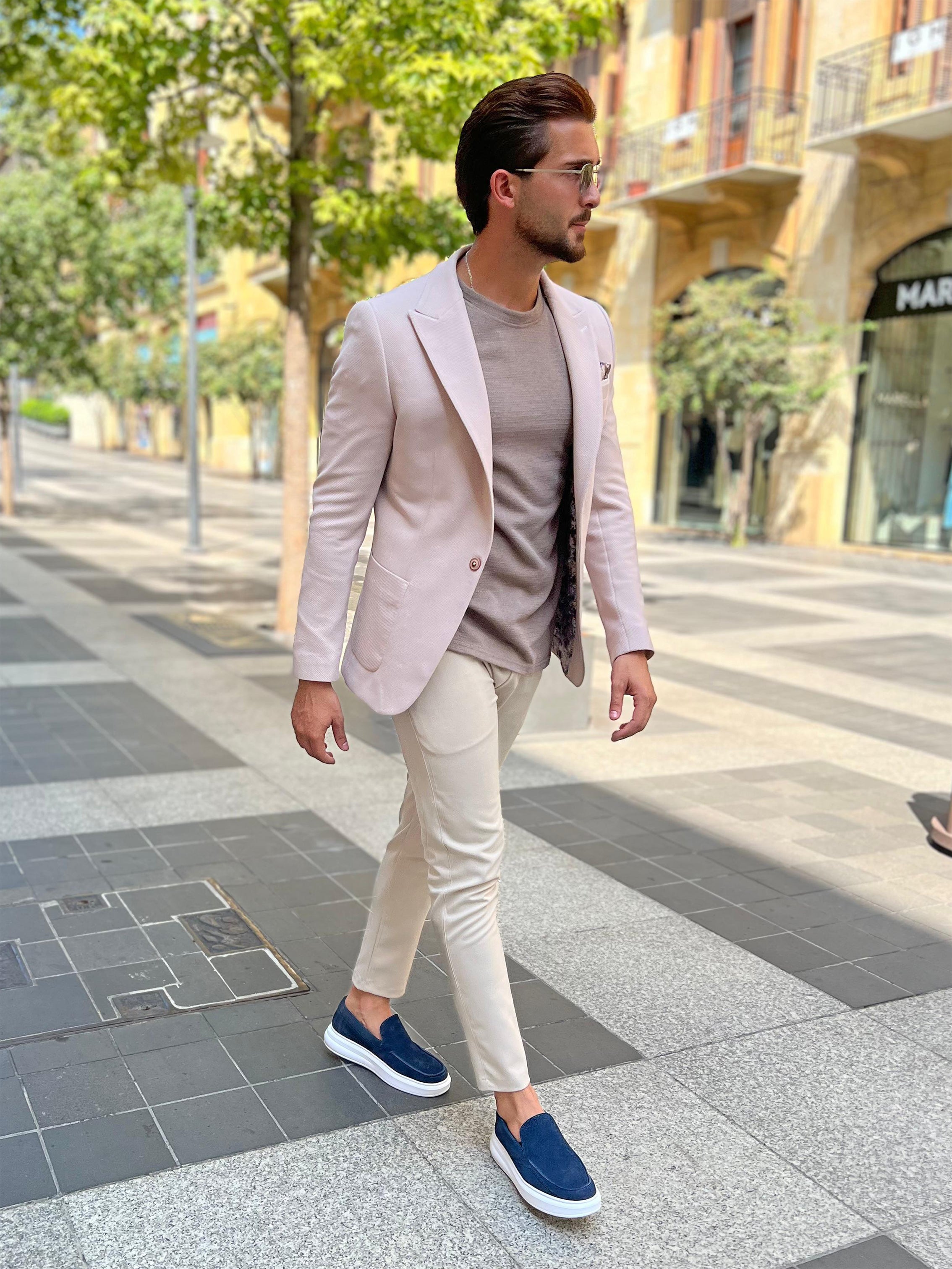 Classic Chic: Beige Structured Peak Lapel Blazer