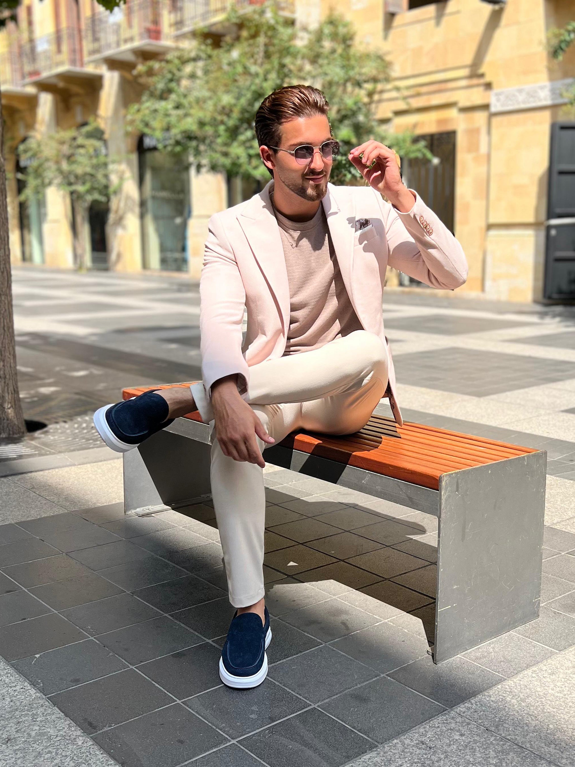 Classic Chic: Beige Structured Peak Lapel Blazer