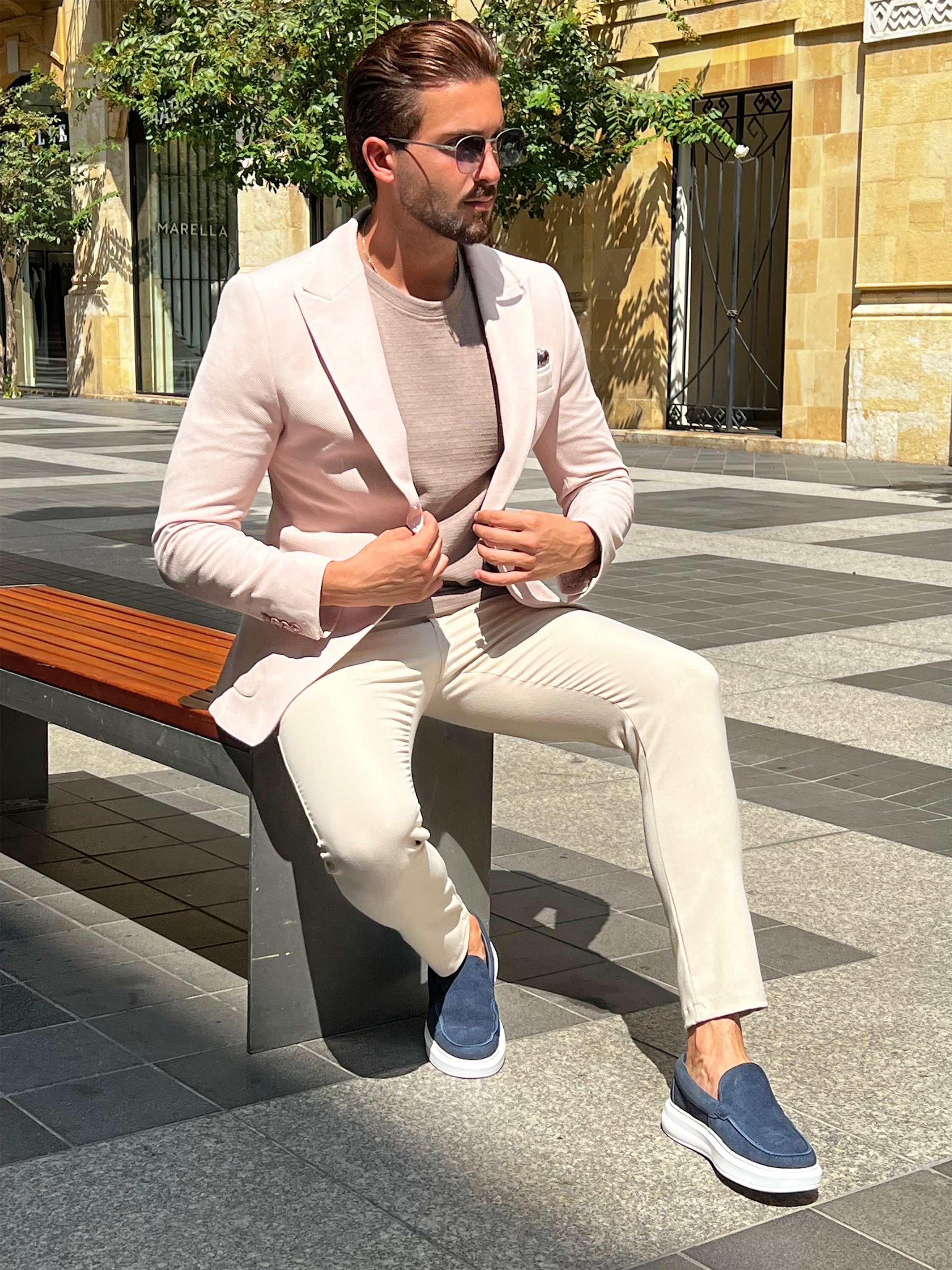 Classic Chic: Beige Structured Peak Lapel Blazer