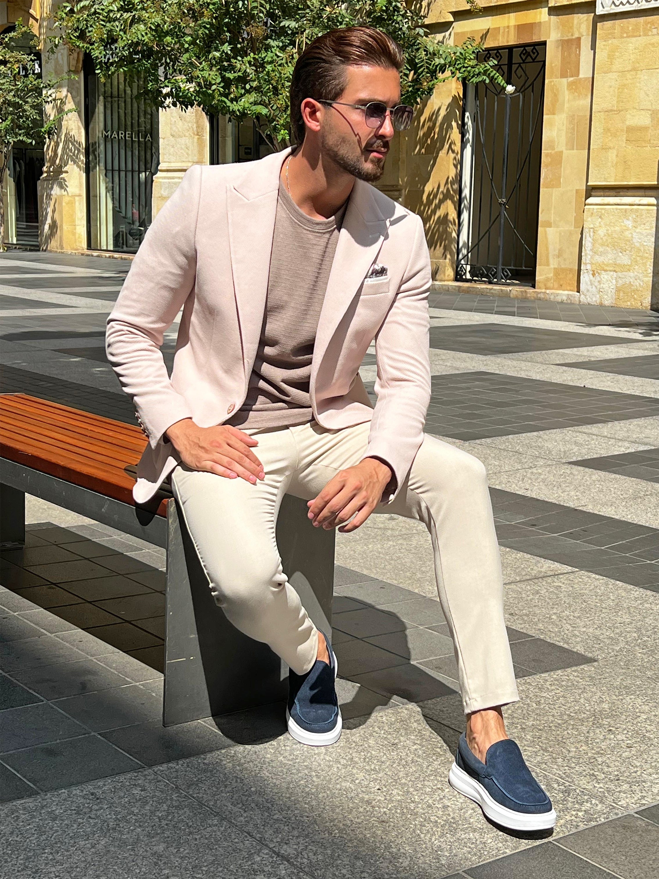 Classic Chic: Beige Structured Peak Lapel Blazer