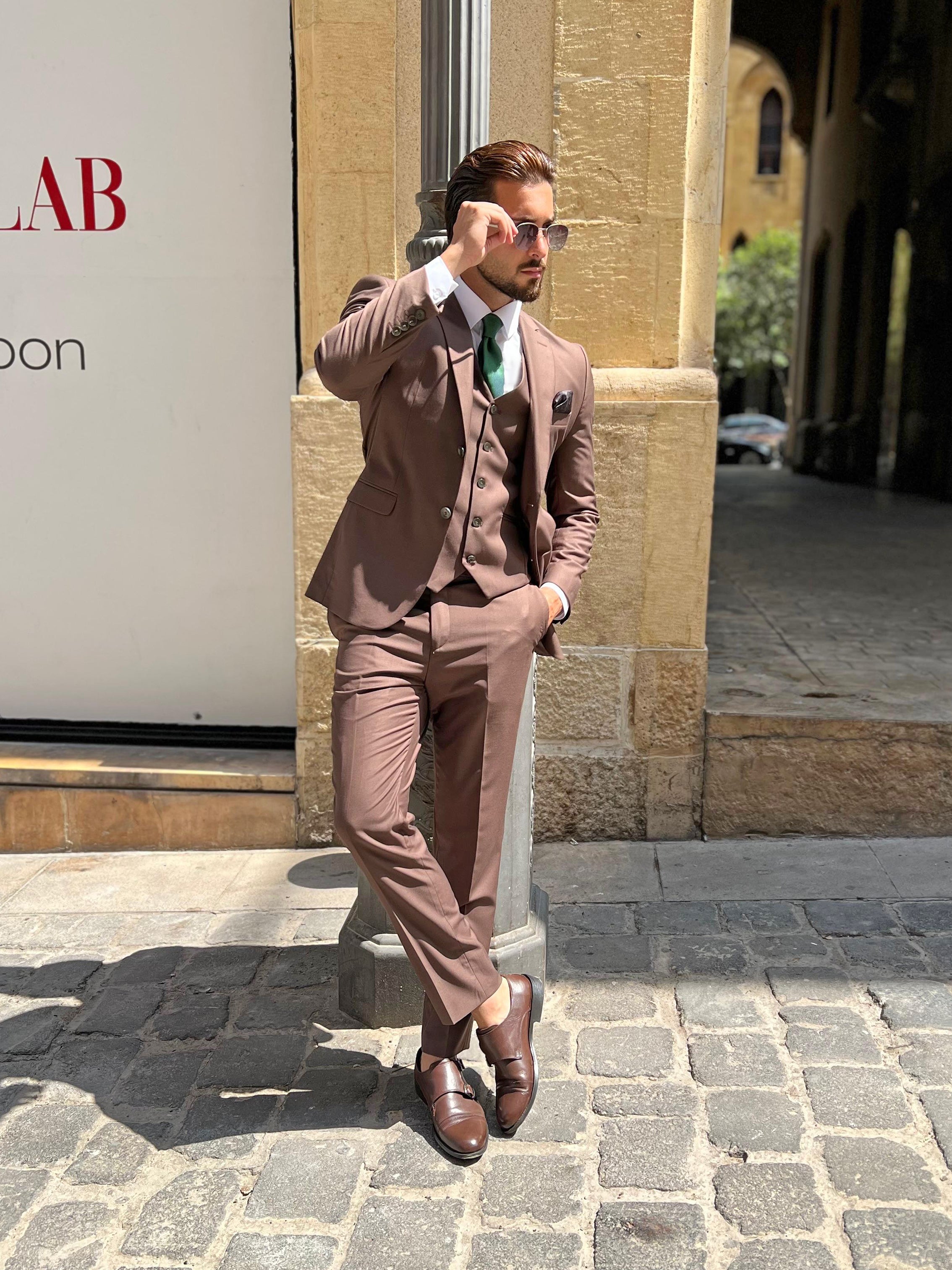 Brown Polyviscose 3-Piece Suit with Notch Lapel