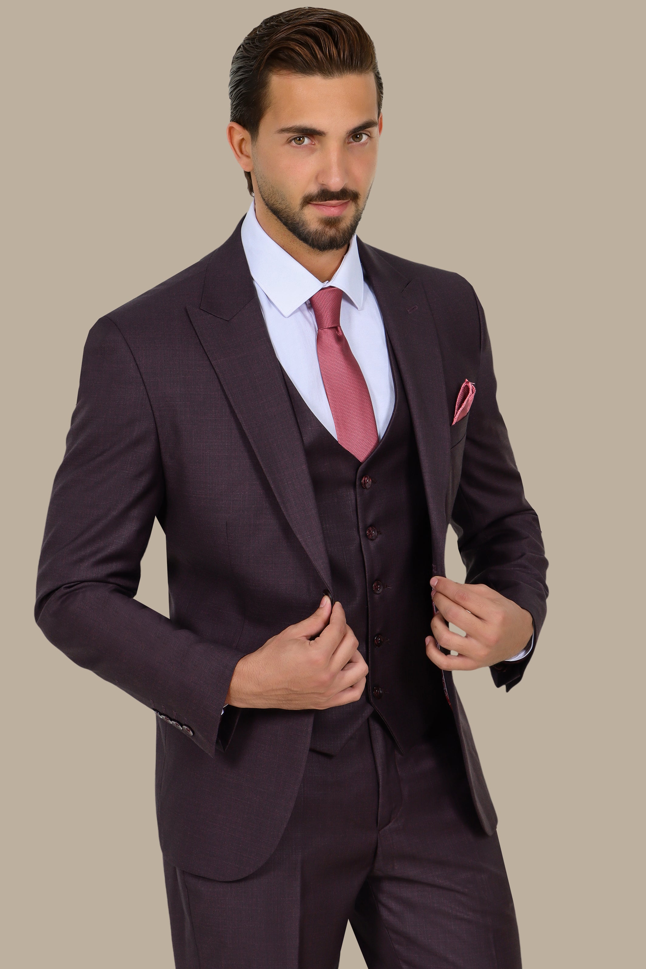 Burgundy 3-Piece Fil à Fil Peak Lapel Suit