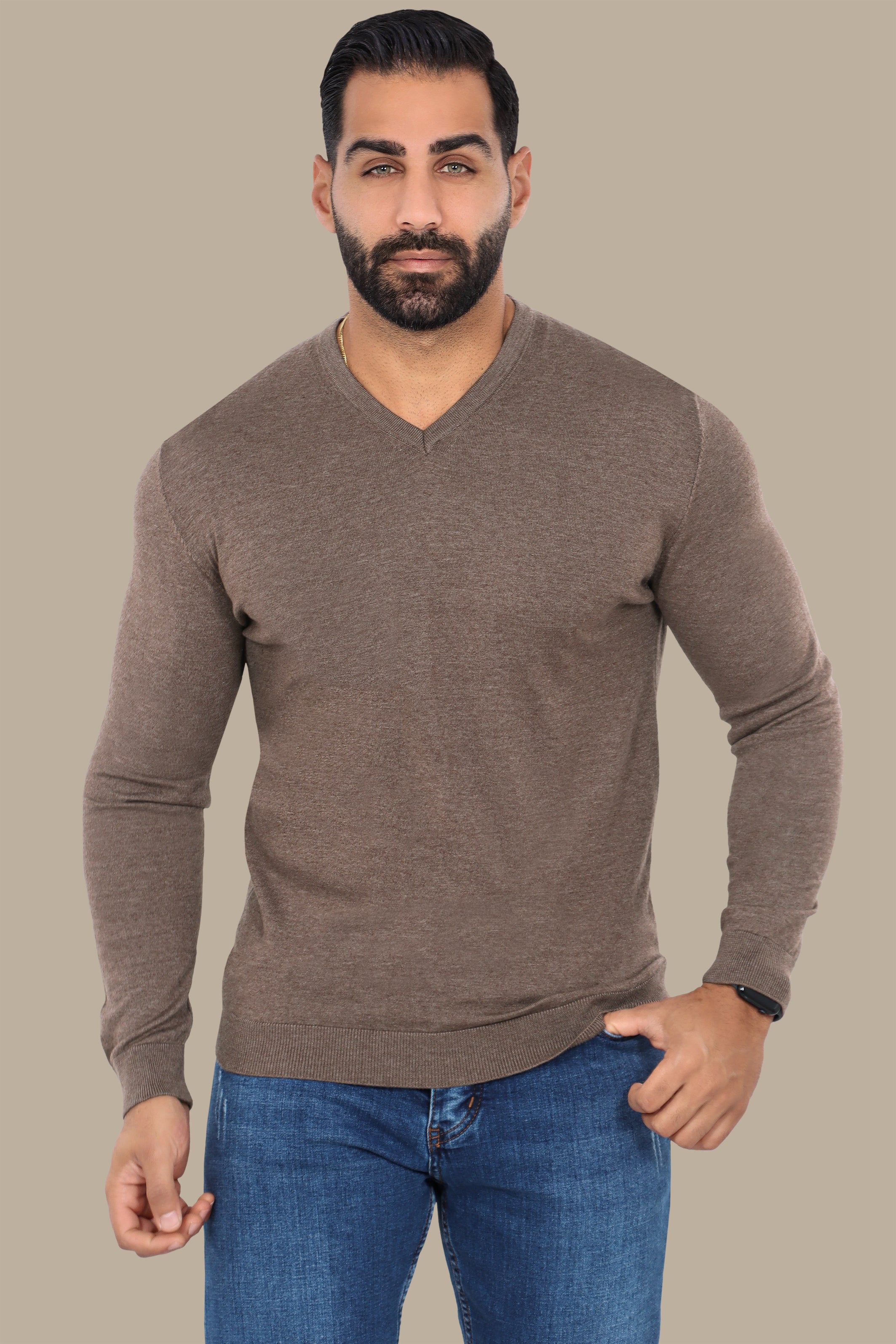 Camel V-Neck Basic Sweater