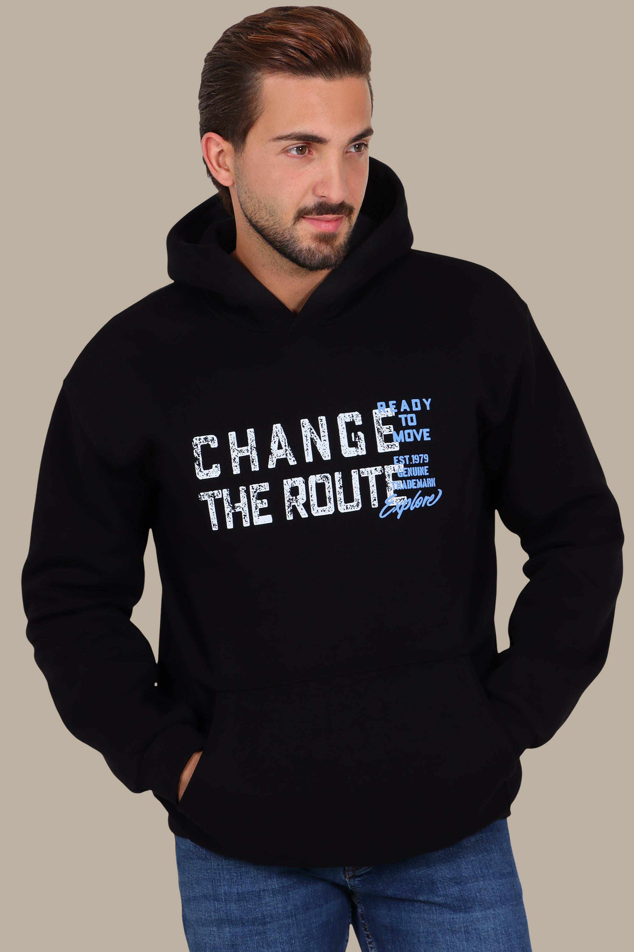 Urban Edge: Printed "Change the Route" Hoodie Black