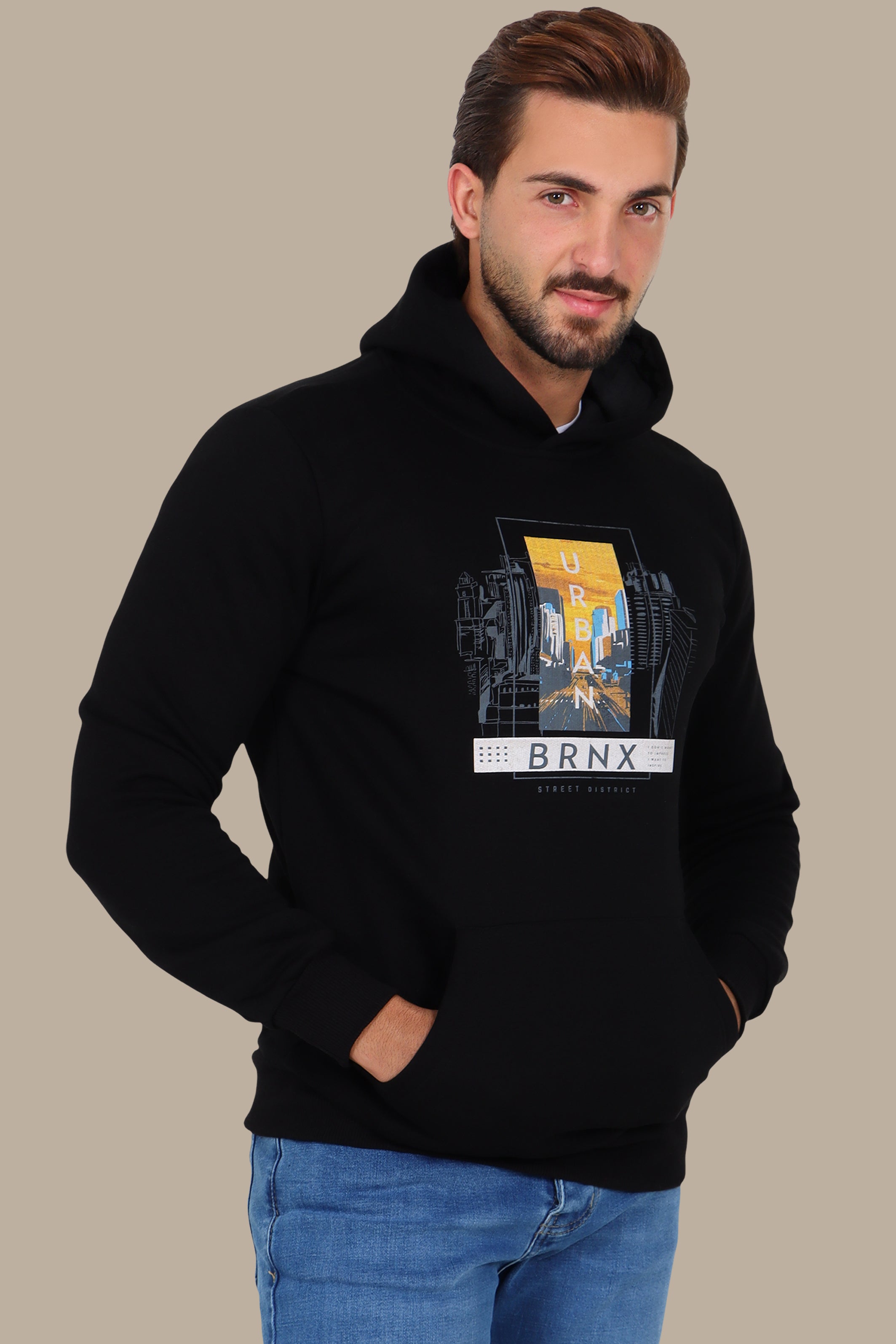 Black Hoodie with Urban Night City Print