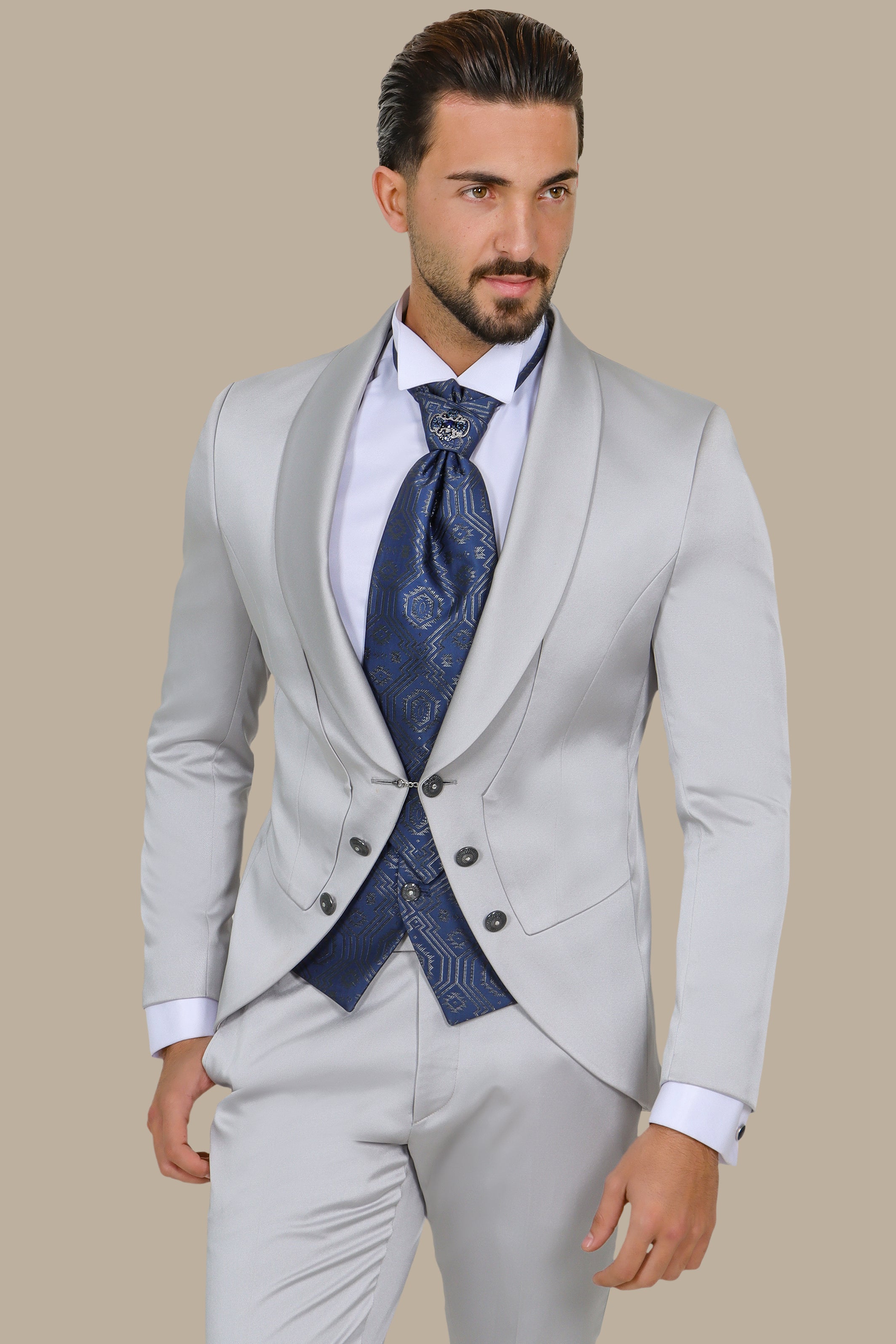 Timeless Sophistication: Silver 6-Button Shawl Collar Tuxedo