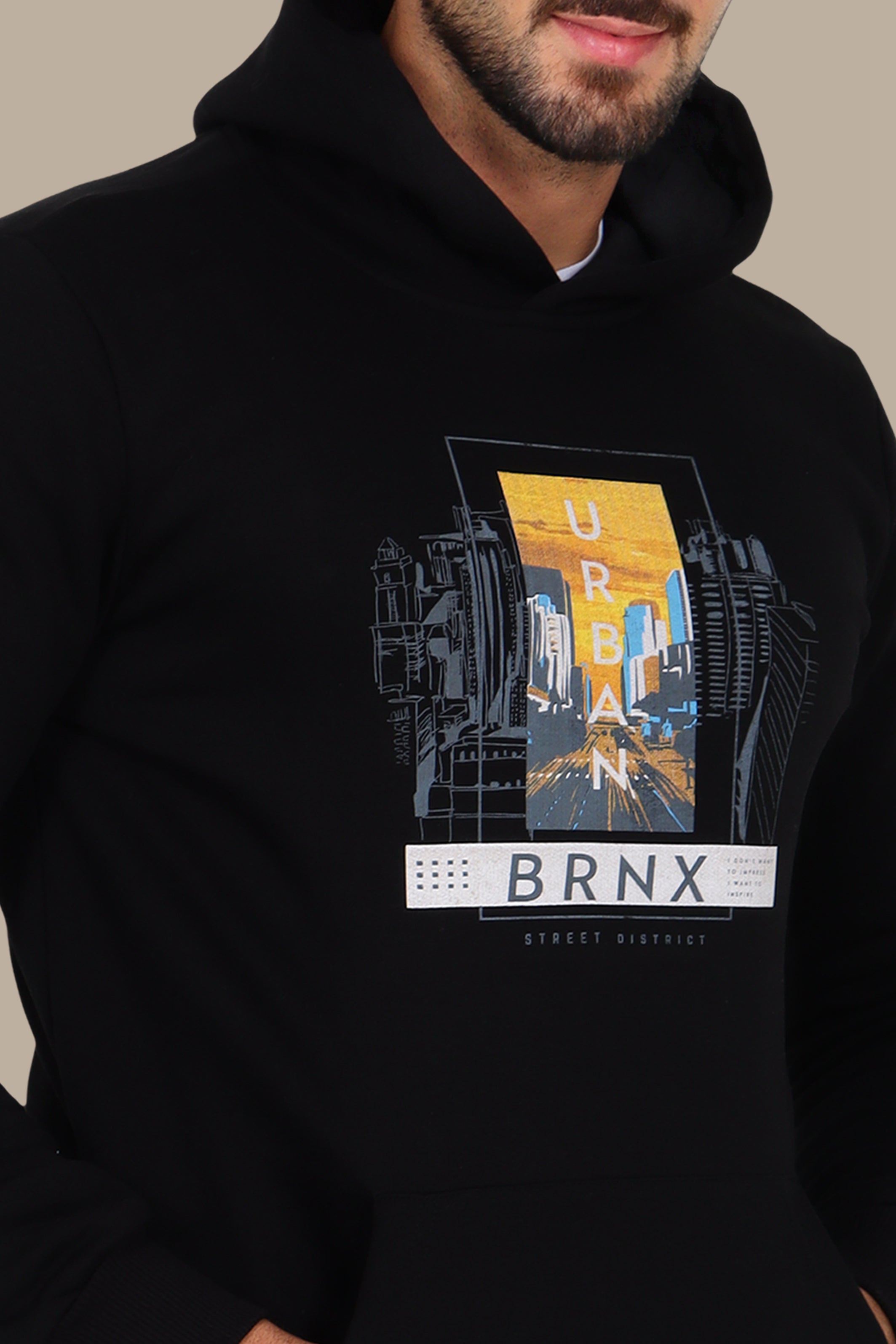 Black Hoodie with Urban Night City Print