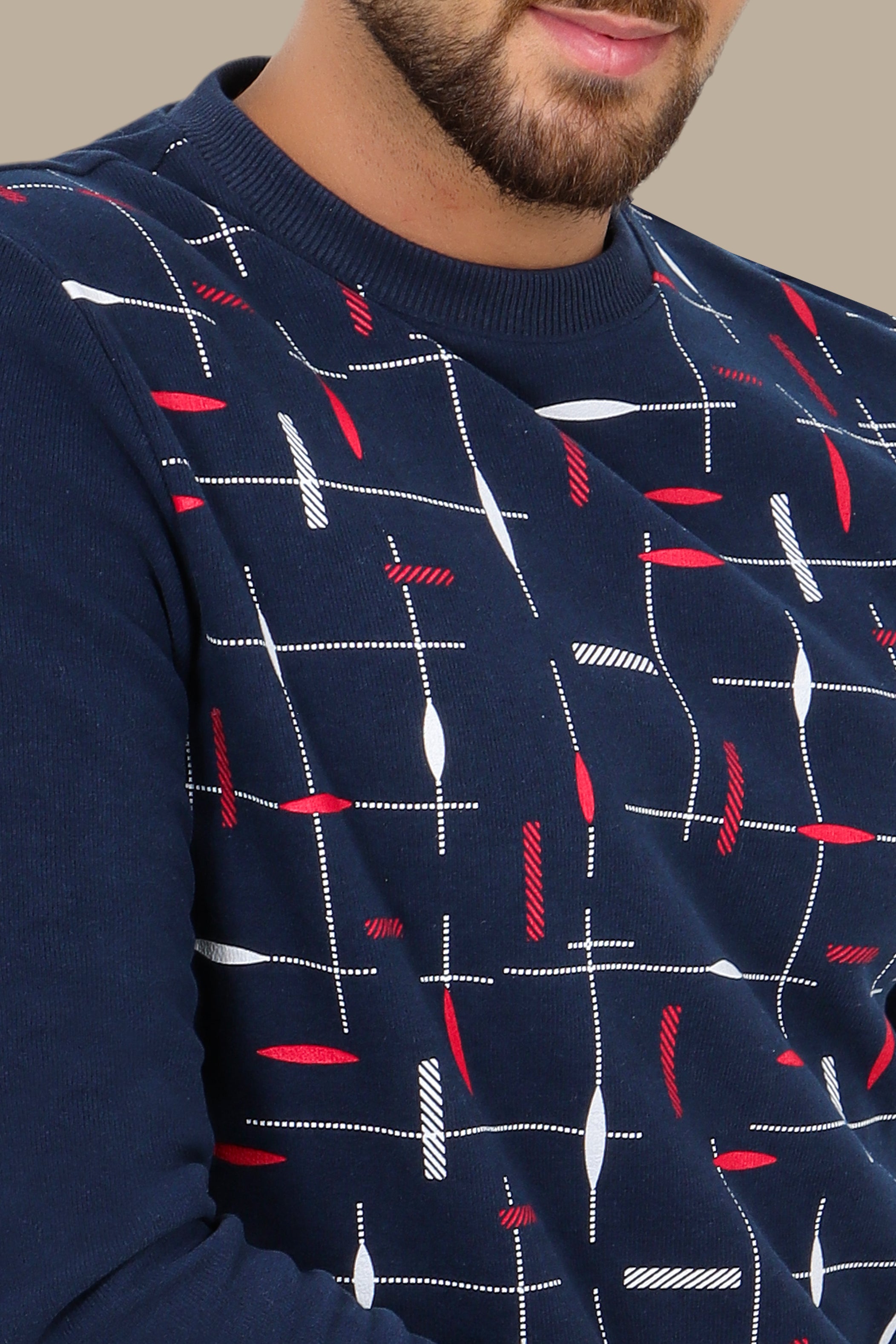Trendy Appeal: Navy Sweatshirt with Colorful Printed Lines
