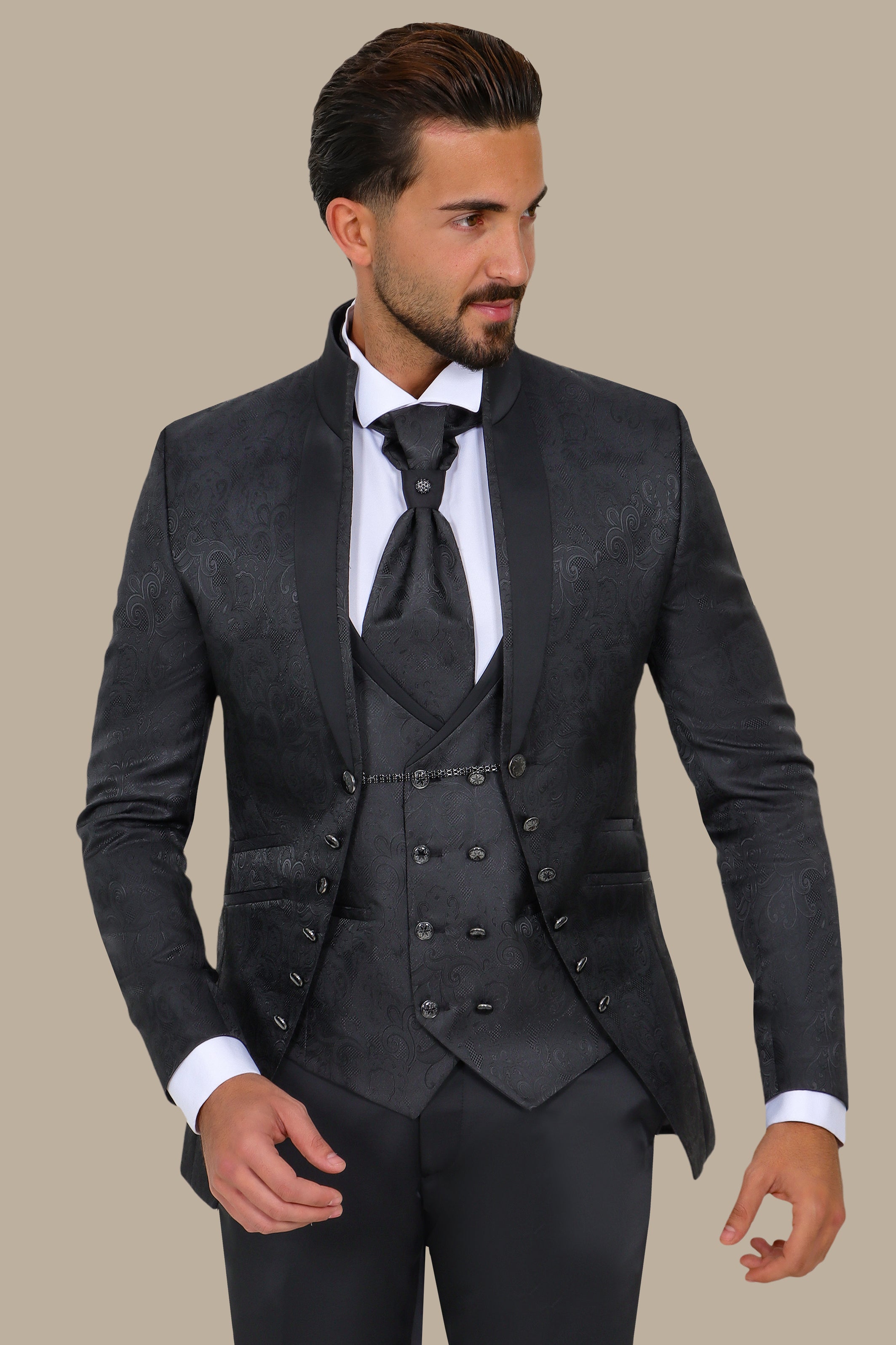 Black Mao Collar Tuxedo 4pcs Cashmere Jacquard Bord à Bord