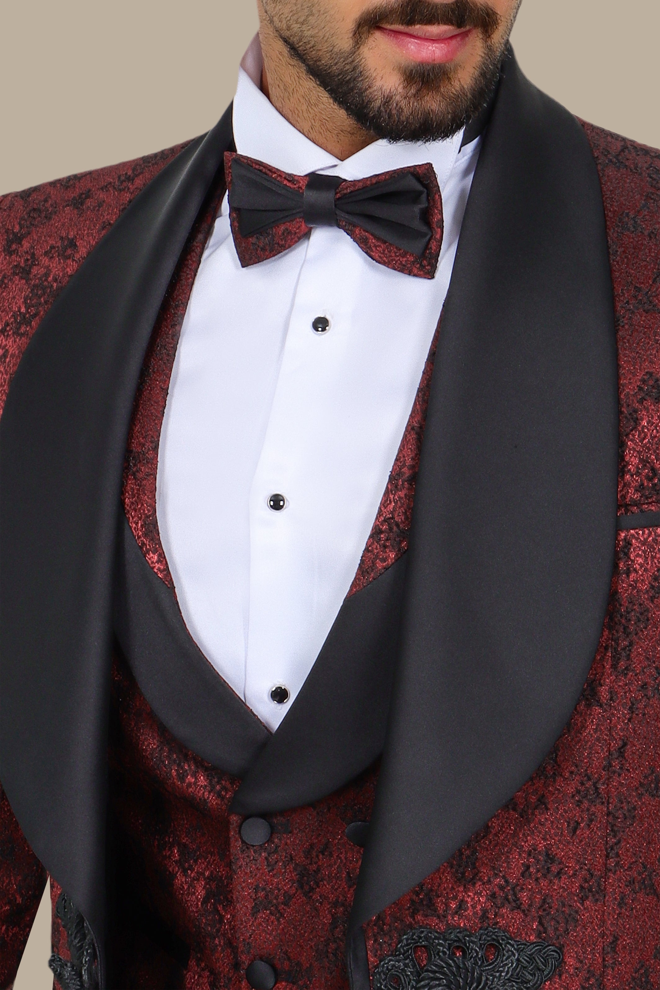 Burgundy Jacquard Tuxedo with Croche Colchale – 4 Piece