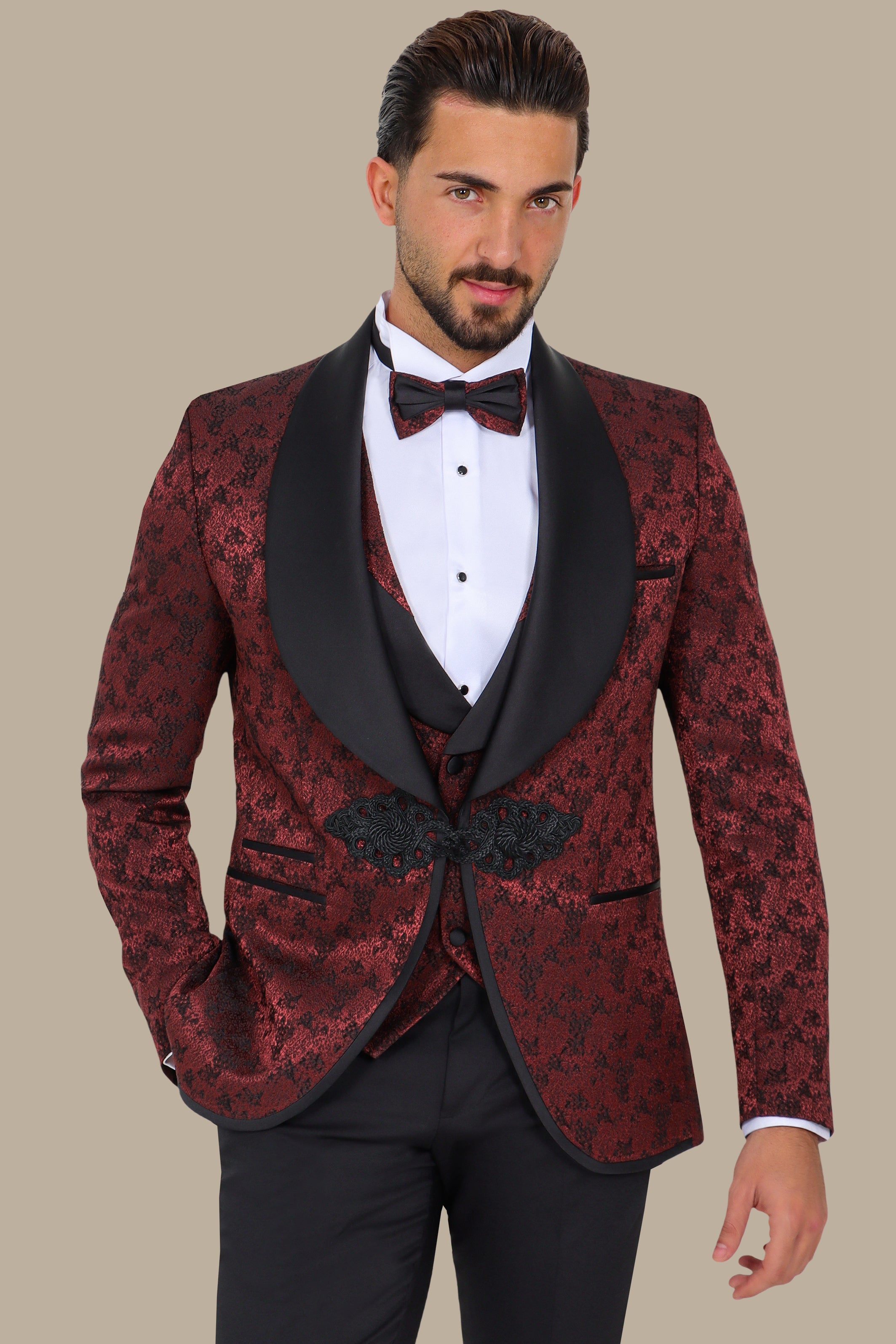 Burgundy Jacquard Tuxedo with Croche Colchale – 4 Piece